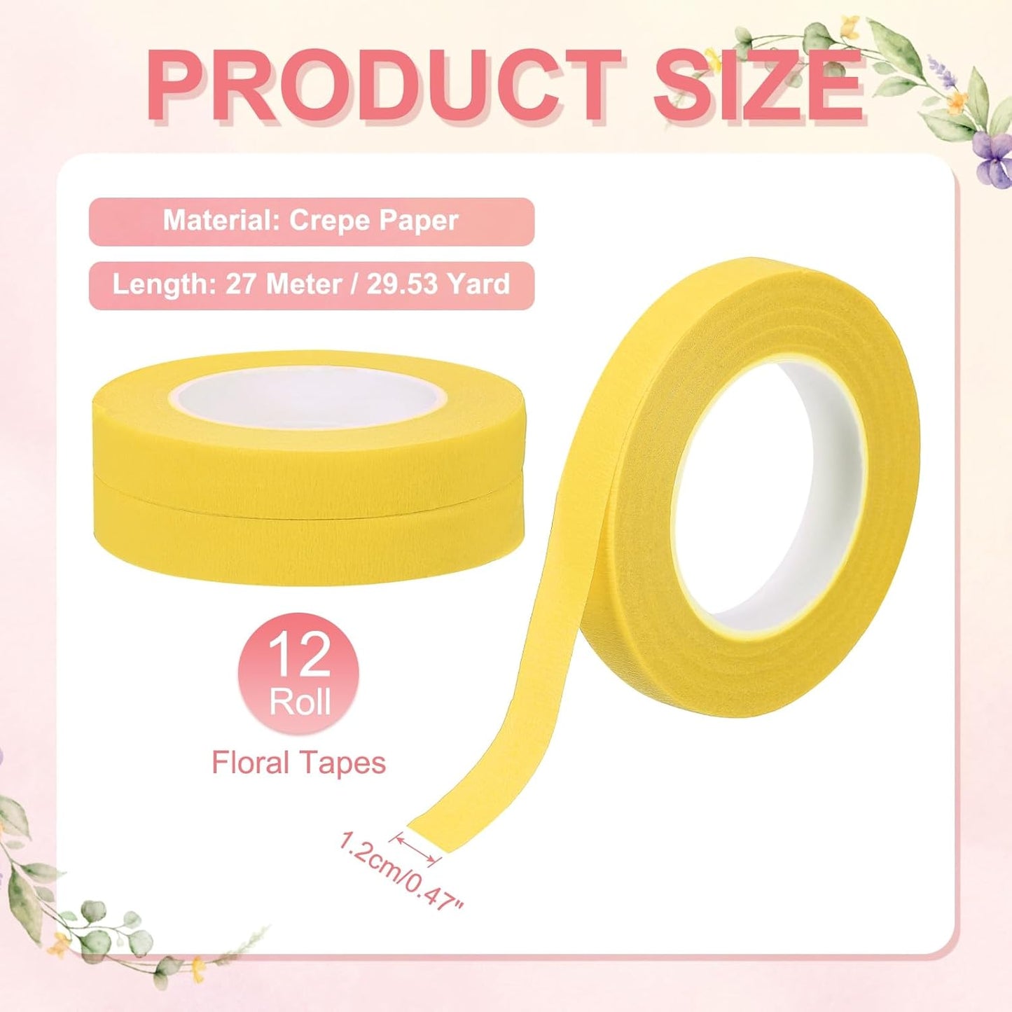 MECCANIXITY 12 Rolls Floral Tapes, 30 Yard x 1/16 in Florist Crepe Flowers Bouquets Tape Adhesive Waterproof for Flower Arranging Wrapping, Yellow