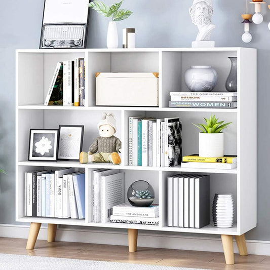 IOTXY Wooden Open Shelf Bookcase - 3-Tier Floor Standing Display Cabinet Rack with Legs, 8 Cubes Bookshelf, Warm White