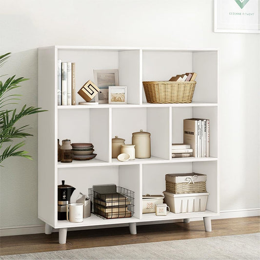 IOTXY Open Cube Low Bookcase - 3-Tier Freestanding Storage Display Cabinet Organizer with Legs for Home Office, 7-Cubes Open Shelf Short Bookshelf, White