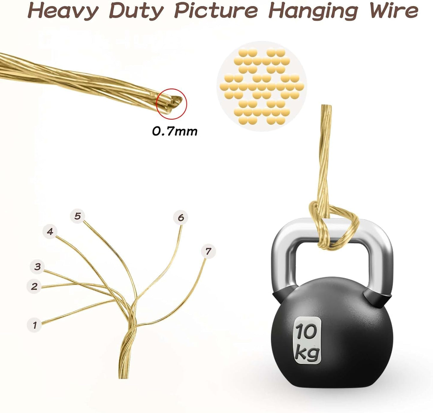 33 Feet Picture Hanging Wire Picture Frame Brass Wire for Hanging Heavy Duty Metal Braided Wire for Hanging Pictures, Mirror, Artwork, Light
