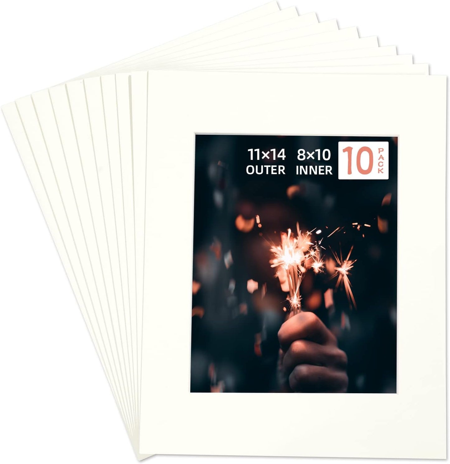HOTUO 10 Pack Acid Free Ivory Picture Frame Mats, Pre-Cut 11x14 Picture Mats with Ivory Core Bevel Cut for 8x10 Photo, Signature Friendly 4 Ply Thickness Photo Mat for Frames/Artwork/Print/Picture