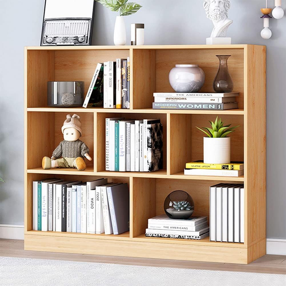 IOTXY Open Shelf Low Bookcase - Wooden 3-Tier Floor Standing Display Cabinet Organizer with Base, 7 Cubes Short Horizontal Bookshelf in Pear Yellow