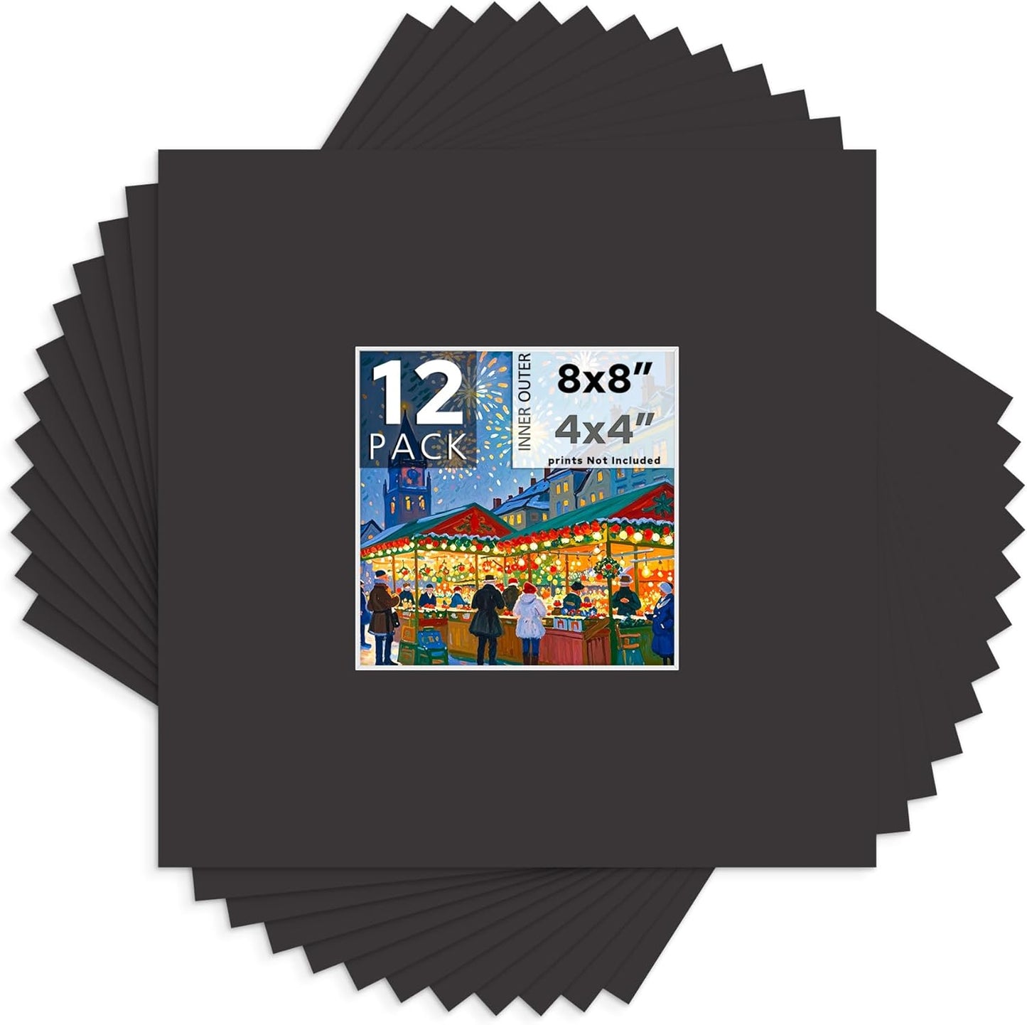Mat Board Center, 8X8 Black Mats for 4X4 Pictures - Acid Free, 4-Ply Thickness, White Core, Bevel Cut - for Artworks, Photos, Framing - Pack of 12