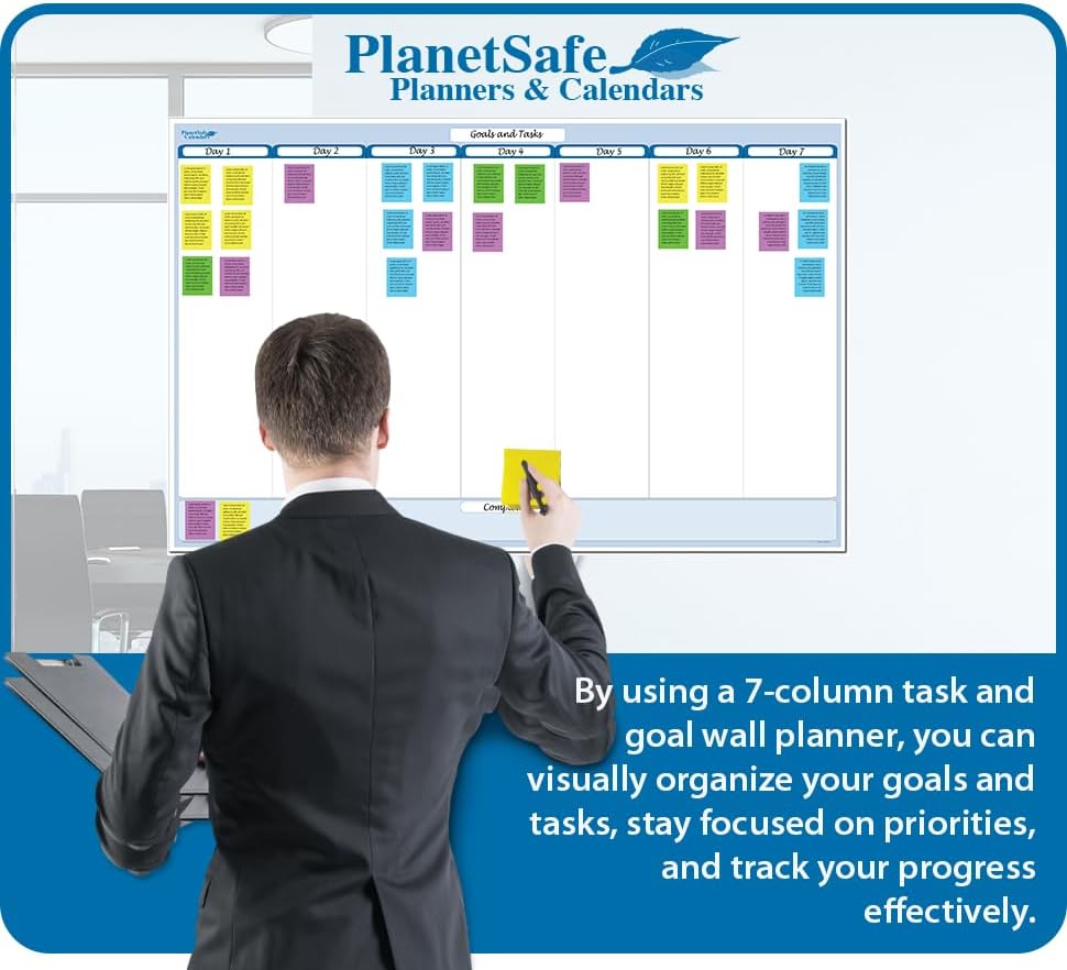 Sky Blue 7-Column Task, Goals & Objective Wall Horizontal Organizer 32" x 48". Complete with Marker