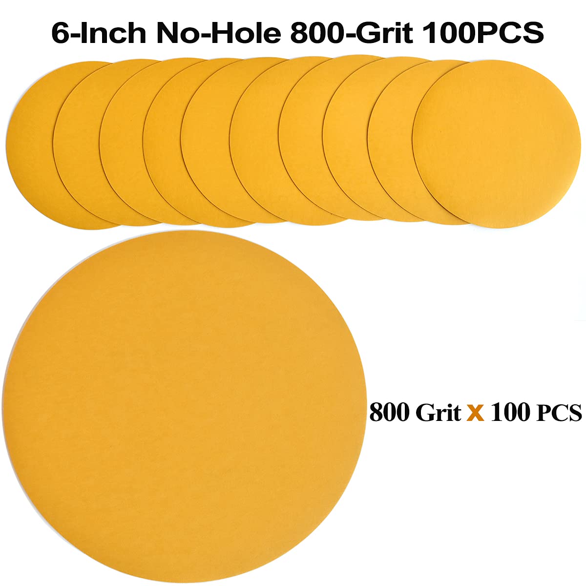 6-Inch No-Hole Hook and Loop Sanding Discs 800-Grit, Random Orbital Sandpaper for Automotive and Woodworking, 100-Pack