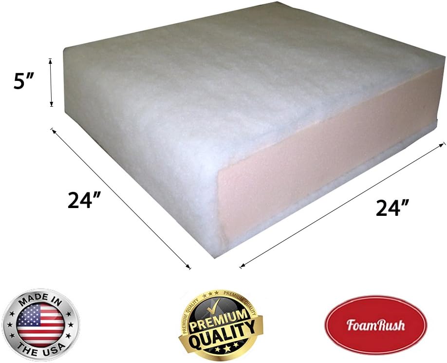 FoamRush 5" x 24" x 24" Seat Cushion Foam with Batting/Dacron (Cushion Seat Replacement) Made in USA