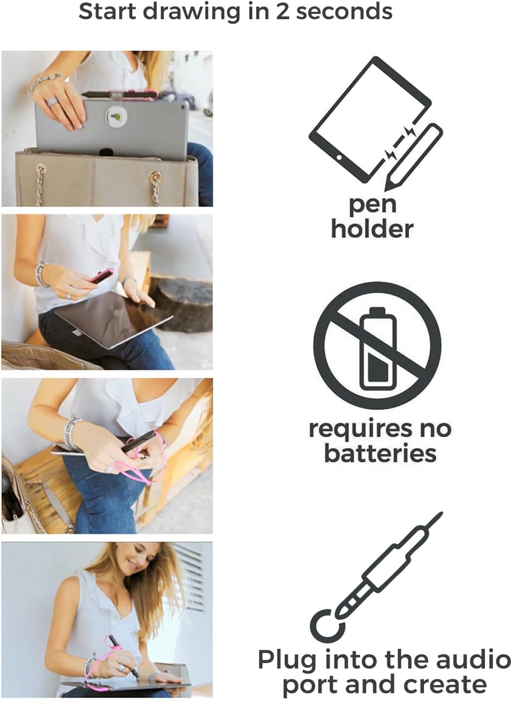 SonarPen - Pressure Sensitive Smart Stylus Pen with Palm Rejection and Shortcut Button. Battery-Less. Compatible with Apple iPad/iPhone/Android/Switch (Black)