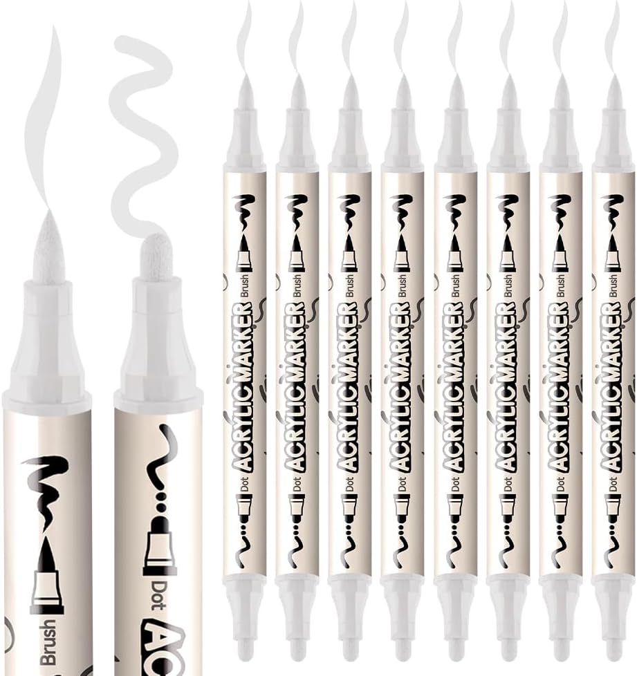 TRANSON 8 Pack White Brush and Bold Dual-tip Acrylic Paint Marker for DIY Glass Canvas Wood Leather Ceramic Rock Painting