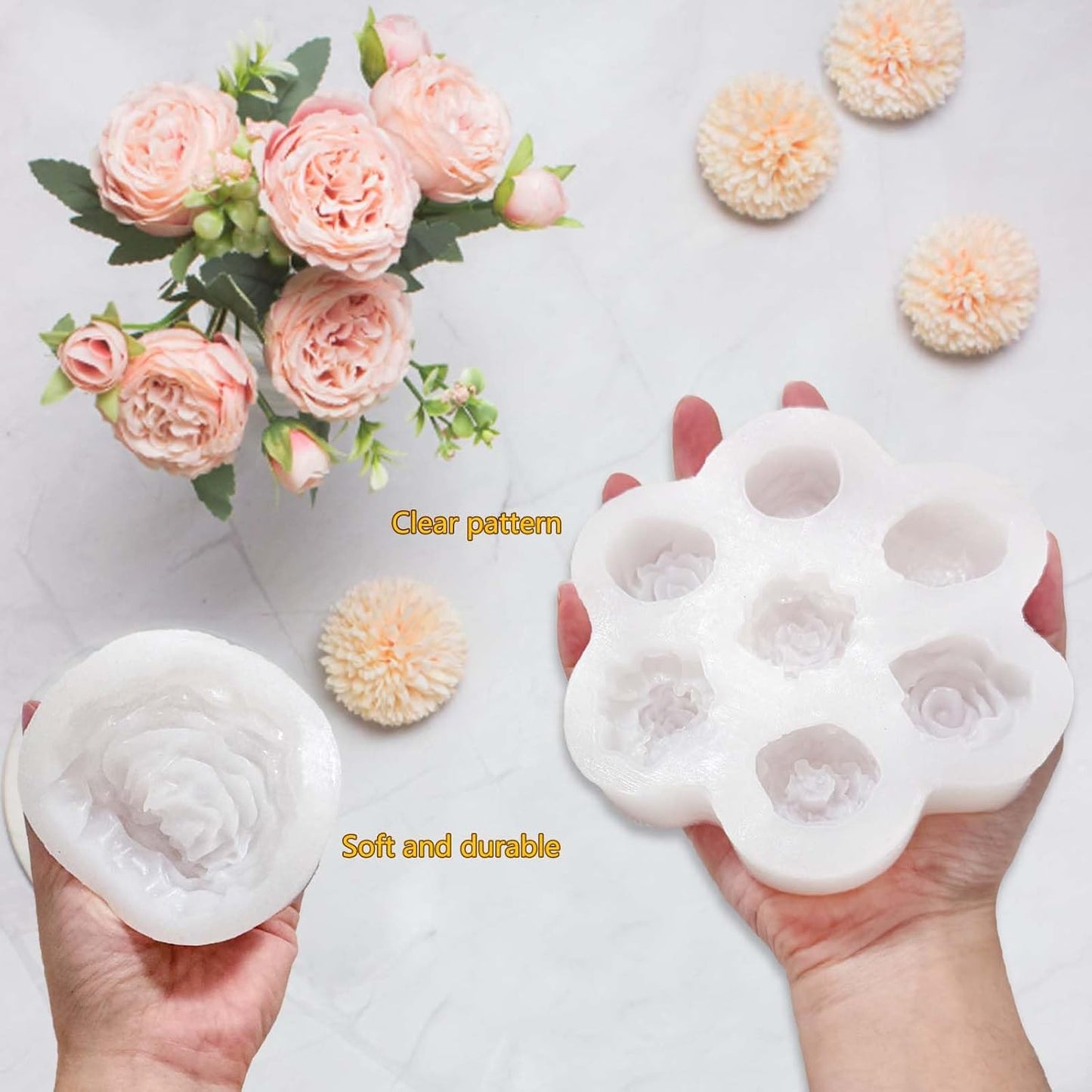3 PCS Rose Flower Silicone Molds,Flower Candle Molds for Candle Making,Rose Peony Fondant Mold for Jelly Chocolate Cake Decorating, Epoxy Resin Wax Soap Clay Plaster Home Décor Handmade