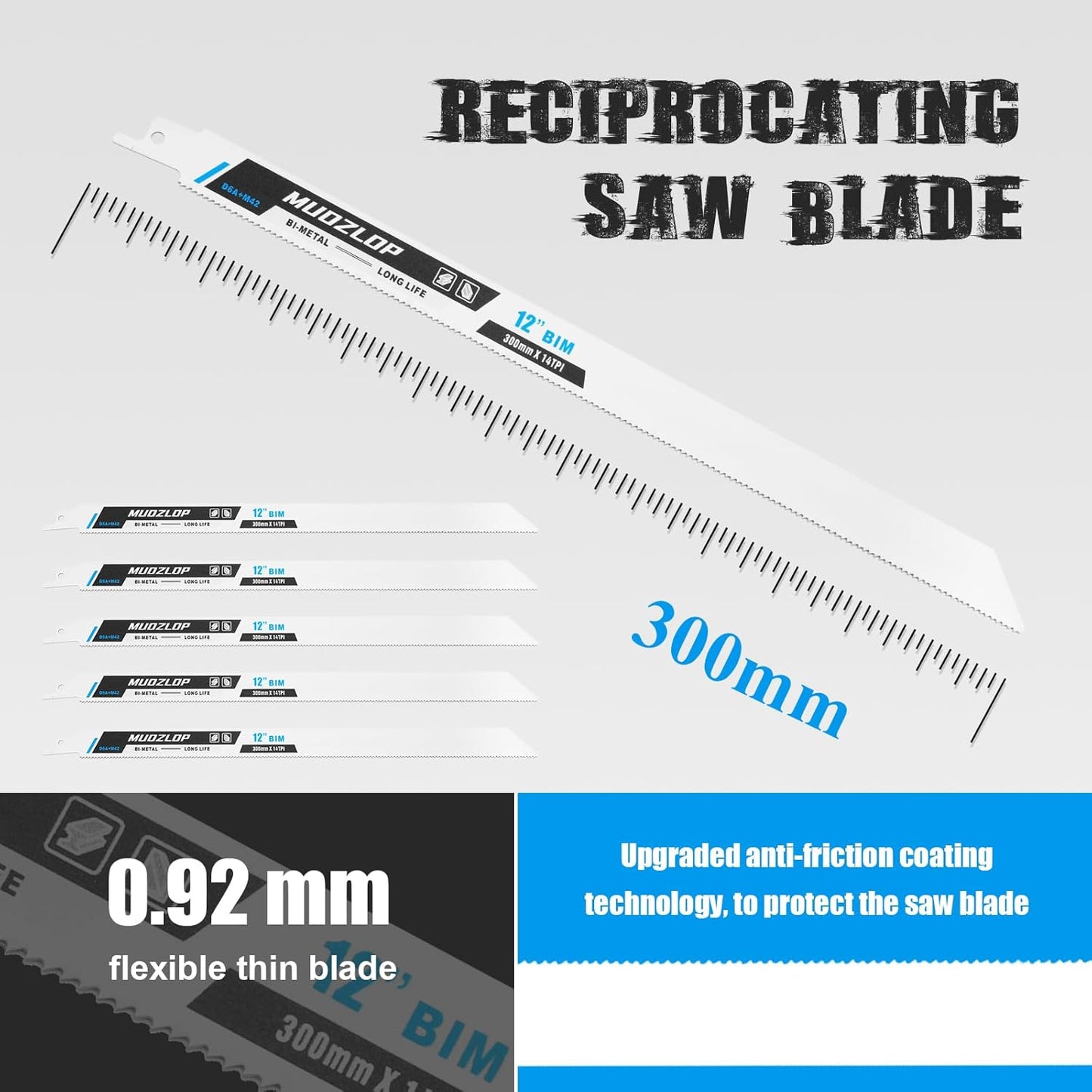 5 Pack 12 inch Reciprocating Saw Blades Set,14 TPI High Carbon Saw Blades, Metal Saw Blades with Organizer Case (5, 14TPI/300mm)