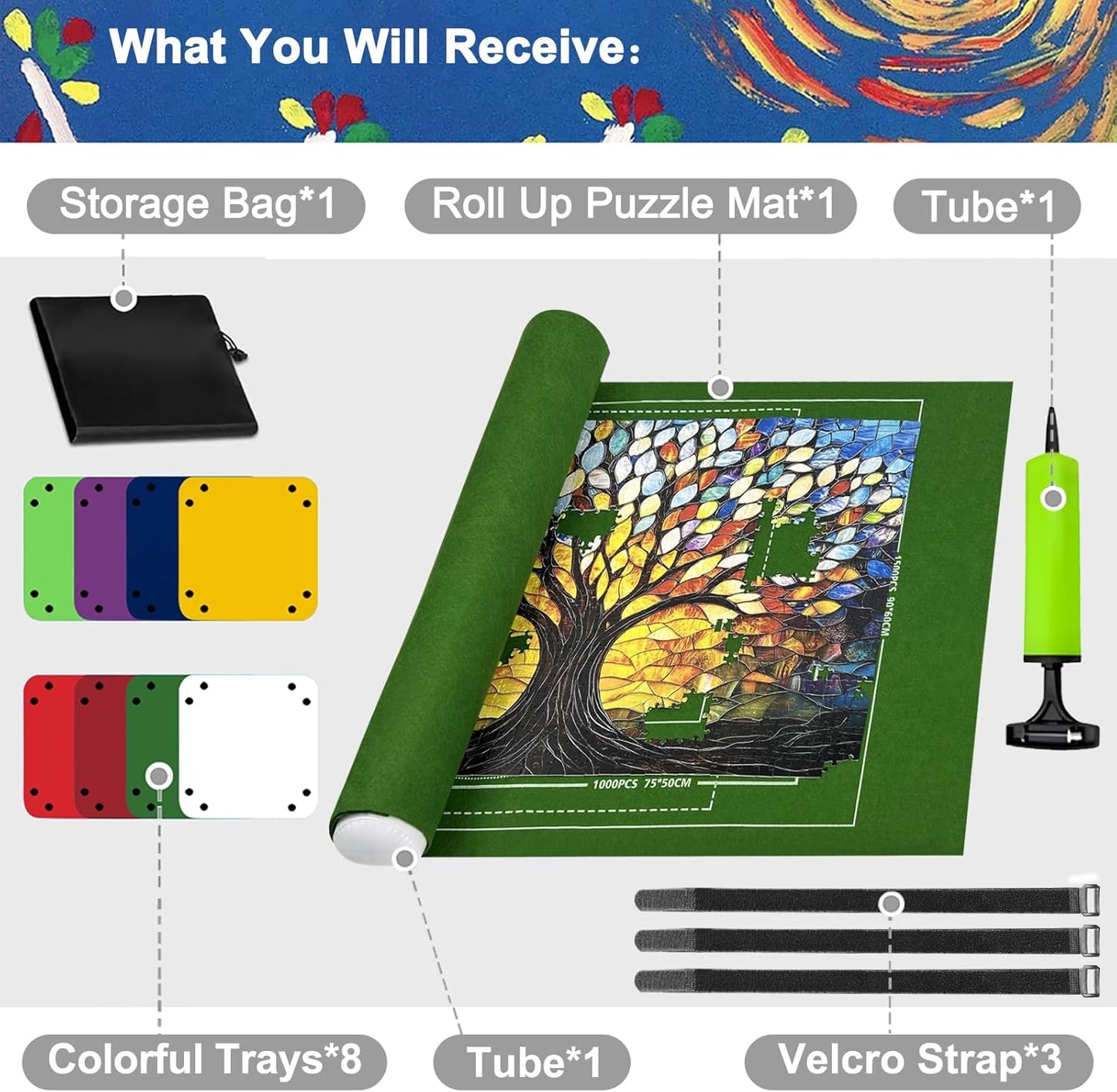Napzy Puzzle Mat Rollup Puzzle Mats for Jigsaw Puzzles Storage Puzzles Matt Roll Up Board Saver with 8 Sorting Trays 1 Drawstring Bag Jigsaws Table for Up to 1500PCS