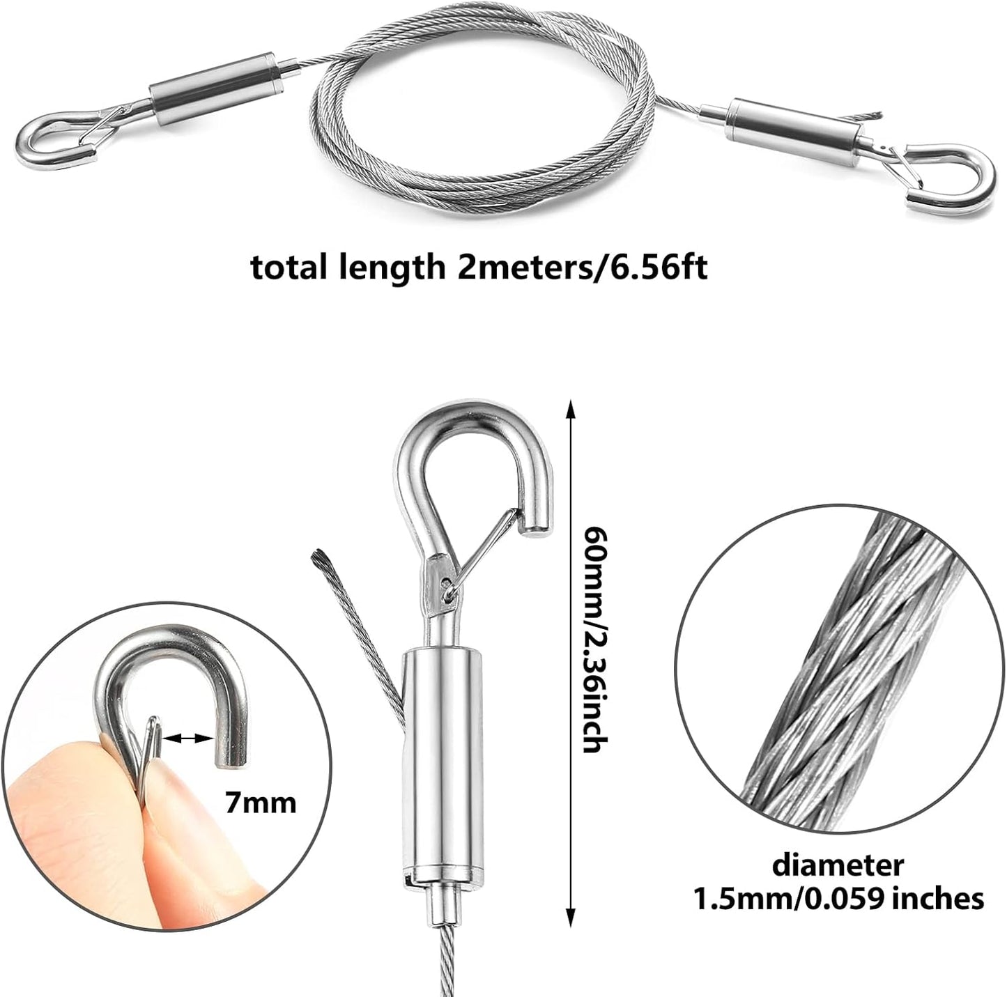 4Pcs 2m x 1.5mm Adjustable Picture Hanging Wire Kit,Heavy Duty Stainless Steel Rope for Hanging Mirrors,Frames,Lamps,Holds Up to 66lbs(30kg)
