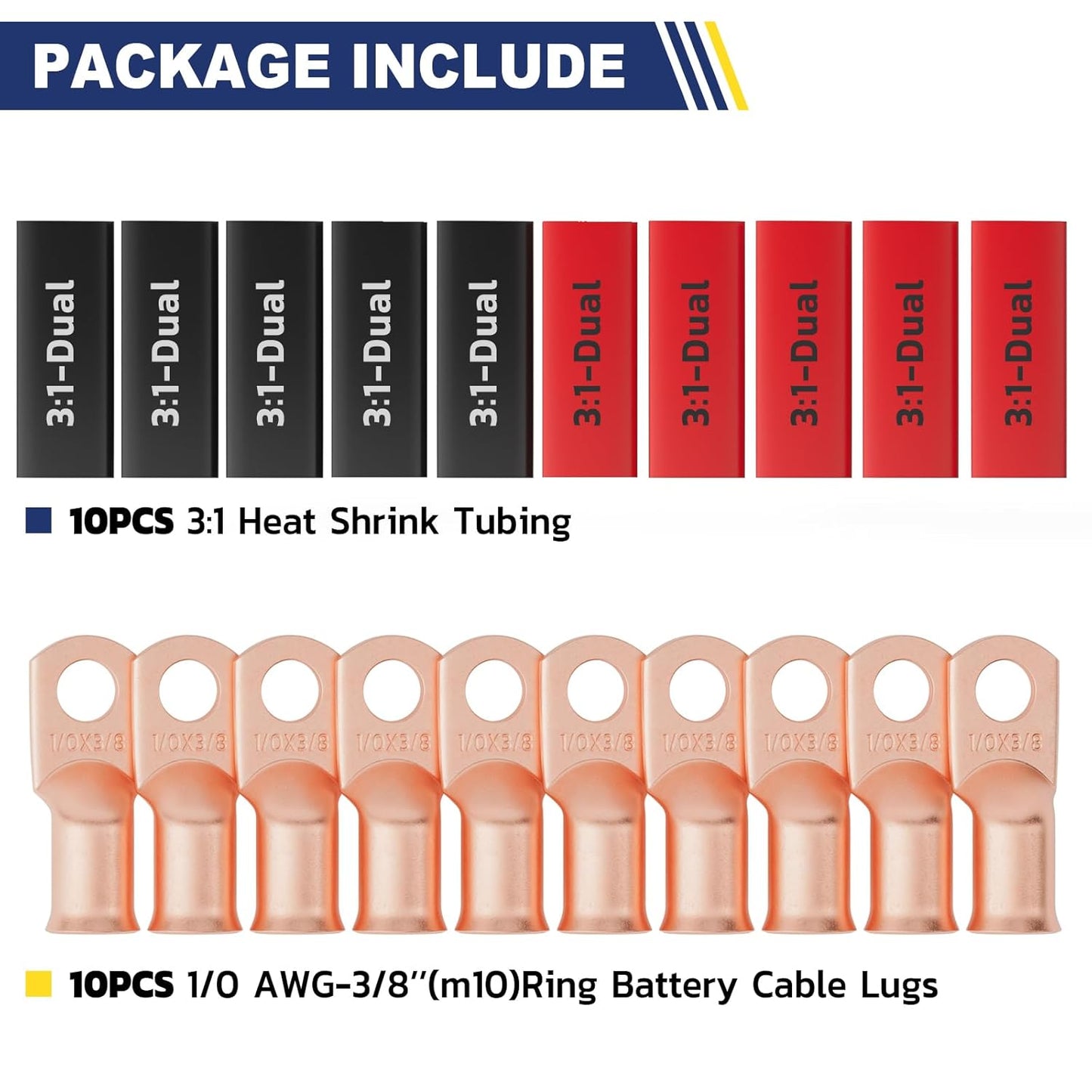 haisstronica 10pcs 1/0 AWG - 3/8"(M10) Battery Cable Lugs, Heavy Duty Copper Wire Lugs with 10pcs 3:1 Adhesive Heat Shrink Tubing,0 Gauge Wire Connectors Battery Terminal Connector,Battery Cable Ends