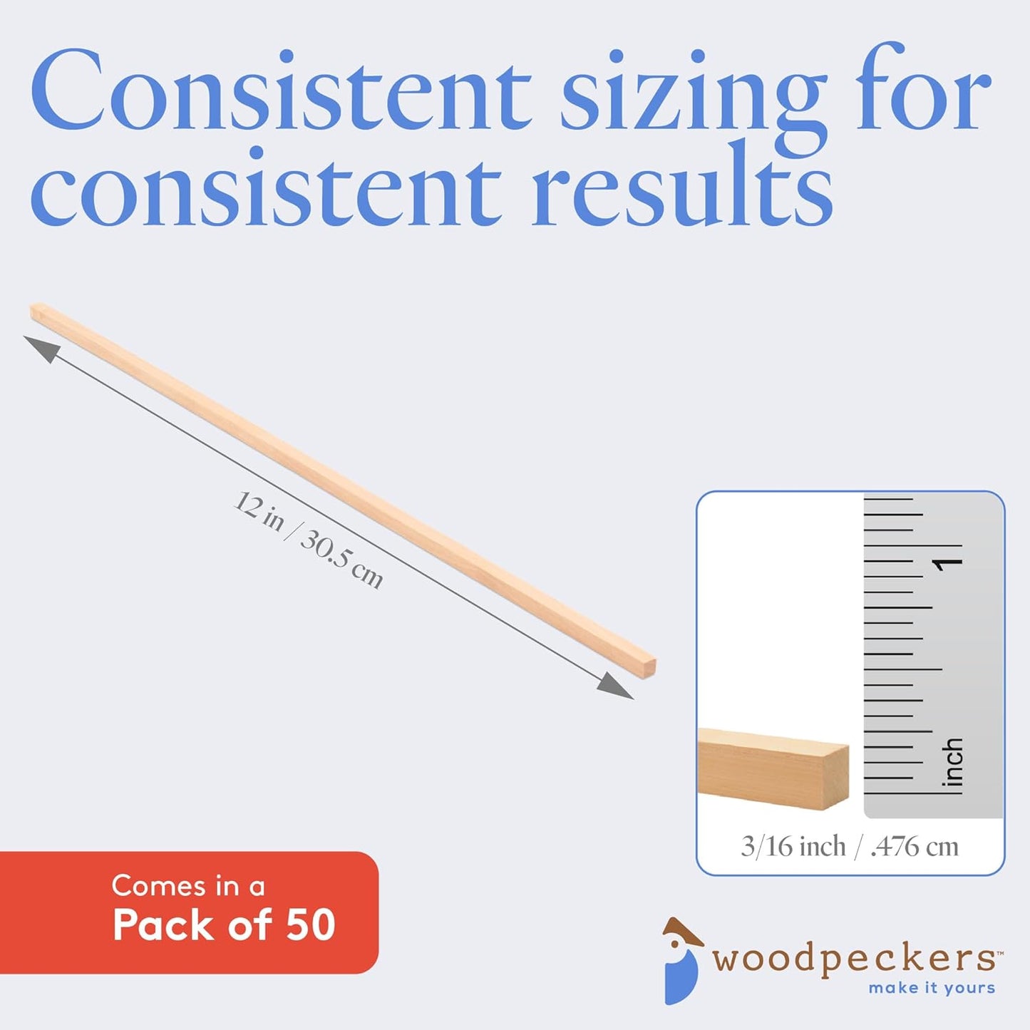 DIY Wooden Square Dowel Rod 3/16-inch x 12 Pack of 50 Hobby Wood Sticks for Crafts, Wood Trim & Architecture Model Making, by Woodpeckers