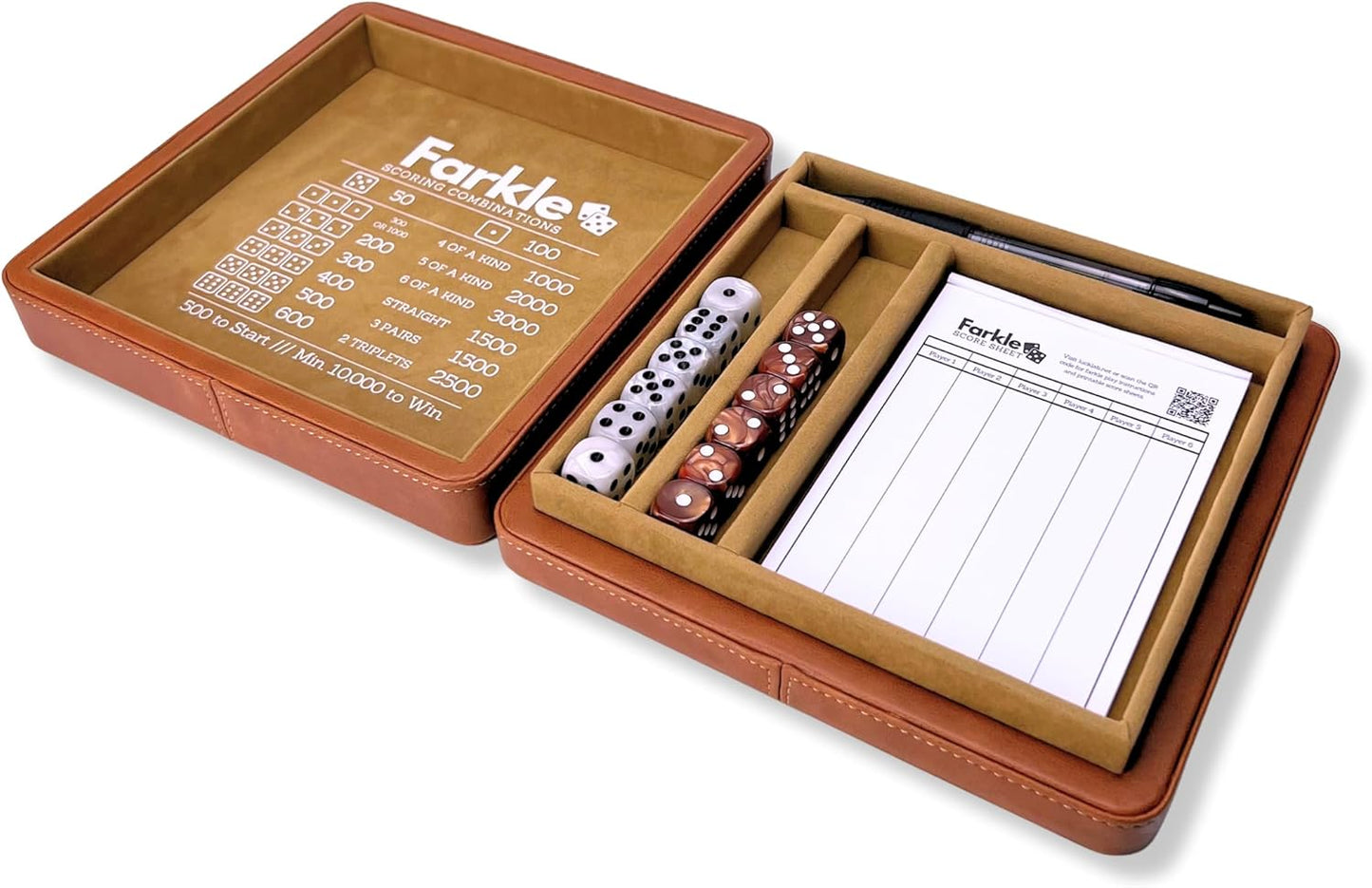 Luck Lab Farkle Dice Tray and Storage Case - Includes Embedded Scoring Combinations, 2 Sets of 6 Pearl Dice, 40 Sheet Score Pad and Pen Holder for The Classic Family Game (Brown)