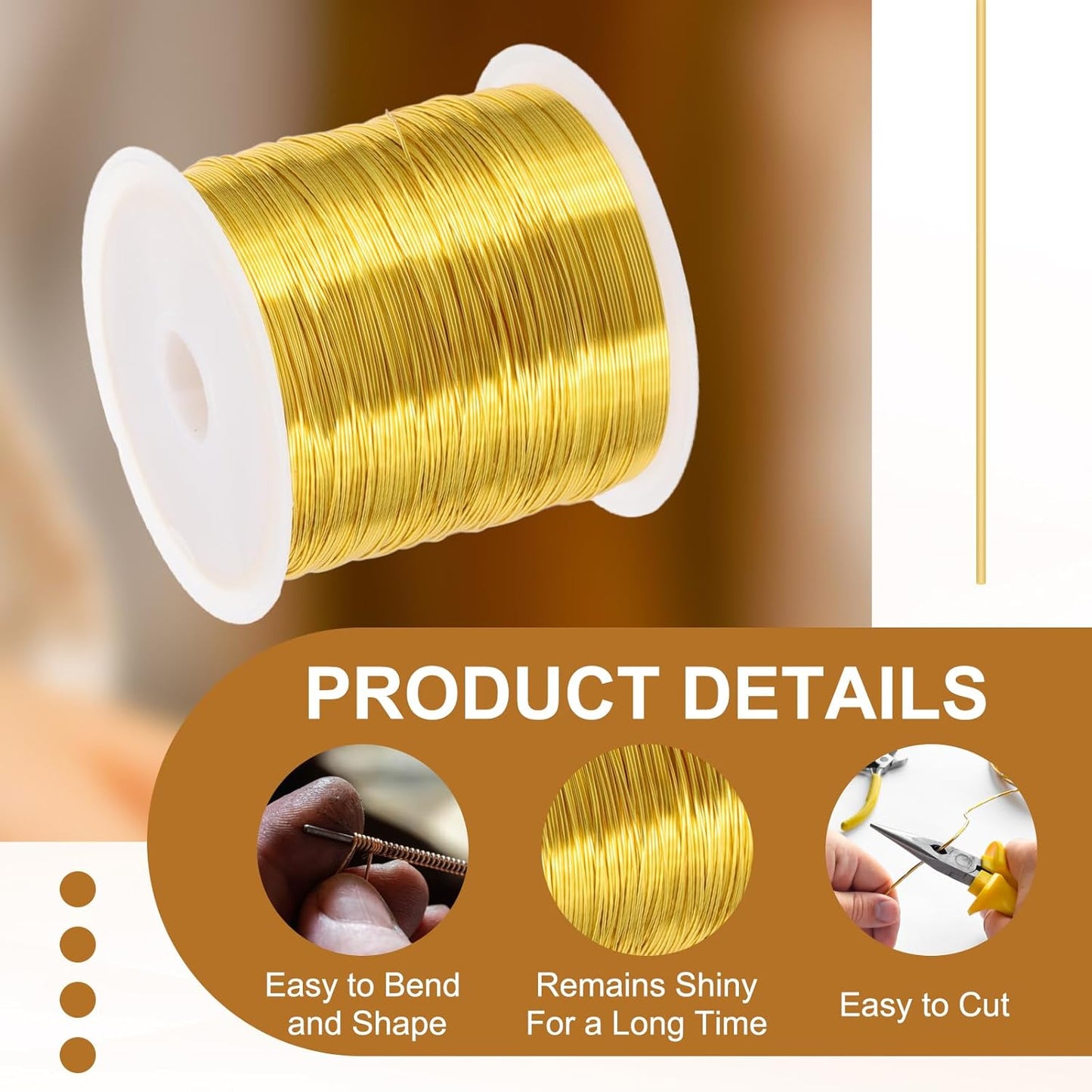 PATIKIL 28 Guage/ 0.3 mm 328 Feet Jewelry Craft Wire, Copper Beading Wire with Plier for Beading Jewelry Making Supplies Earrings Bracelets Accessories Sculptures Gardening, Gold
