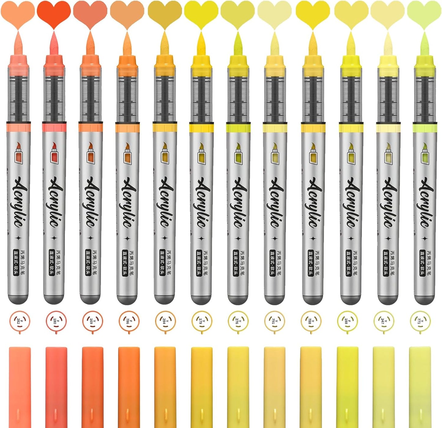 Yellow Orange Acrylic Paint Pens,12 Color Paint Pens Markers,Brush Tip Paint Pens for Rock Painting Wood Glass Ceramic Canvas Stone DIY Crafts Making Art Supplies