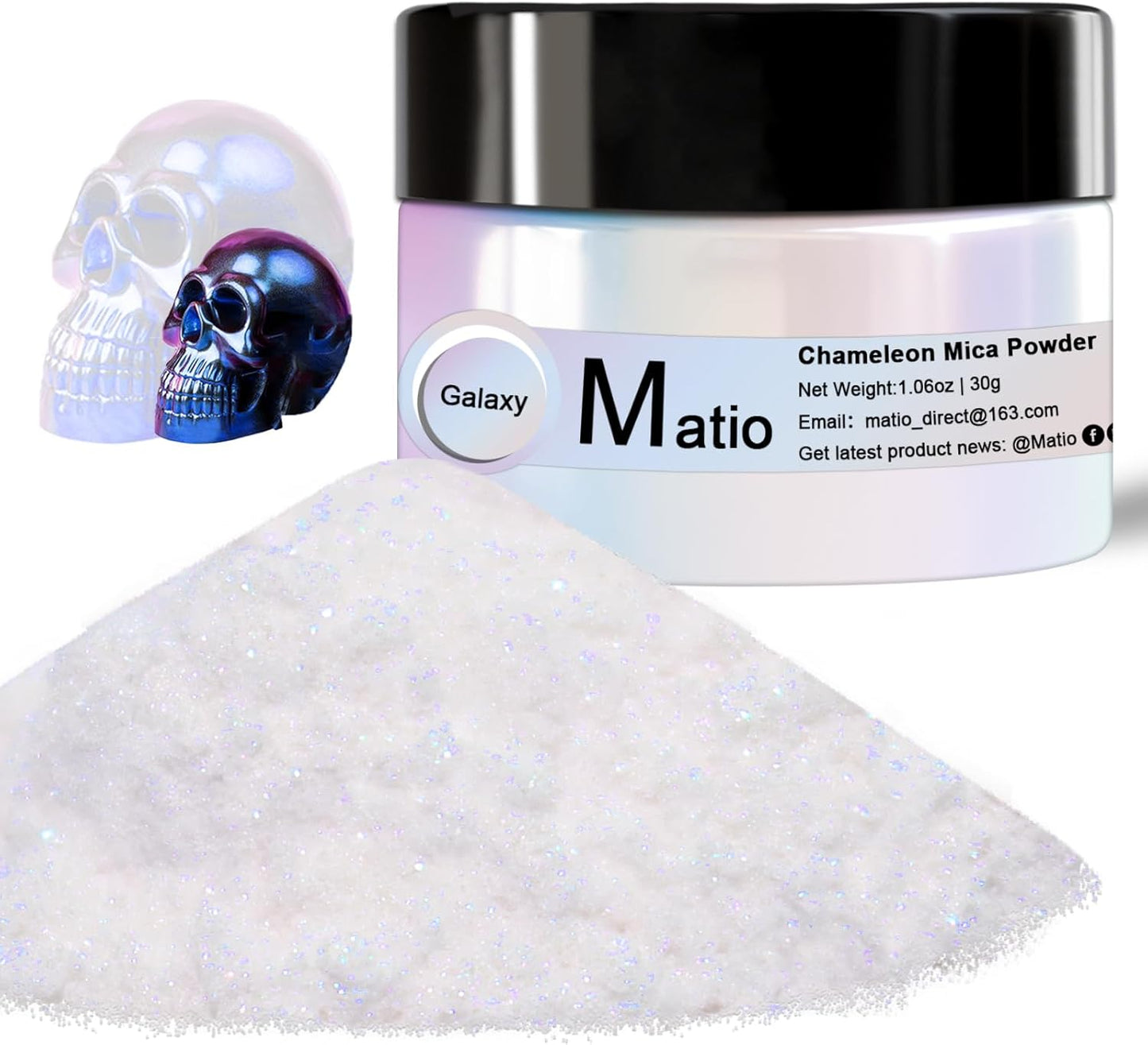 Matio Chameleon Mica Powder, 1.06oz/ 30g Galaxy White Chrome Powder, Pearlescent Effect Color Shift Pigment for Resin Craft, Soap Candle Dye, Nail Art, Makeup, Bath Bomb, Paint, Slime Pigment