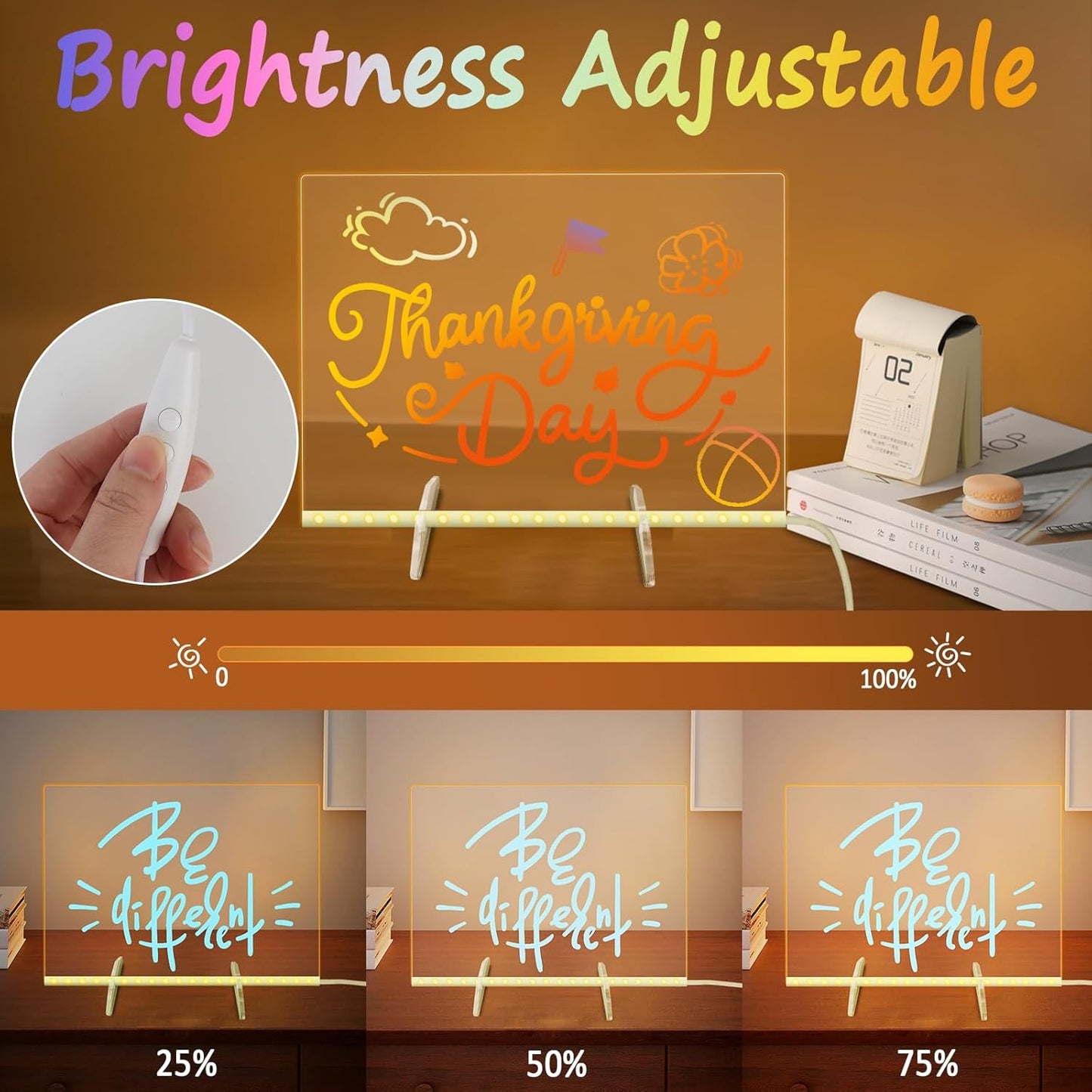 Led Note Board with 7 Colors, 13.8“X10” Lumiboard Led Drawing Board for Kids, 4 Modes Acrylic Dry Erase Board with Light, Glow Rewritable Message Board with Stand, Include 7 Markers, Hanging Chain