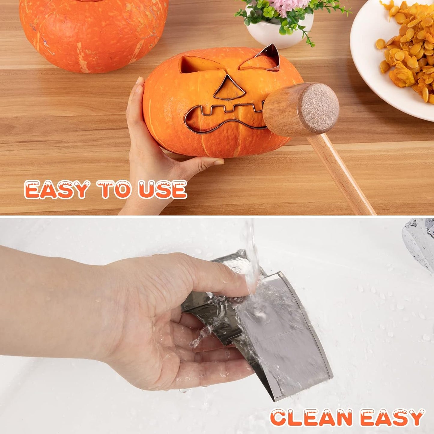 【With Hammer】Pumpkin Carving Kit Halloween, Safe and Easy Pumpkin Carving Set for Kids, DIY Stainless Steel Pumpkin Carving Tools for Halloween Decoration Jack-O-Lanterns, Gift for Halloween