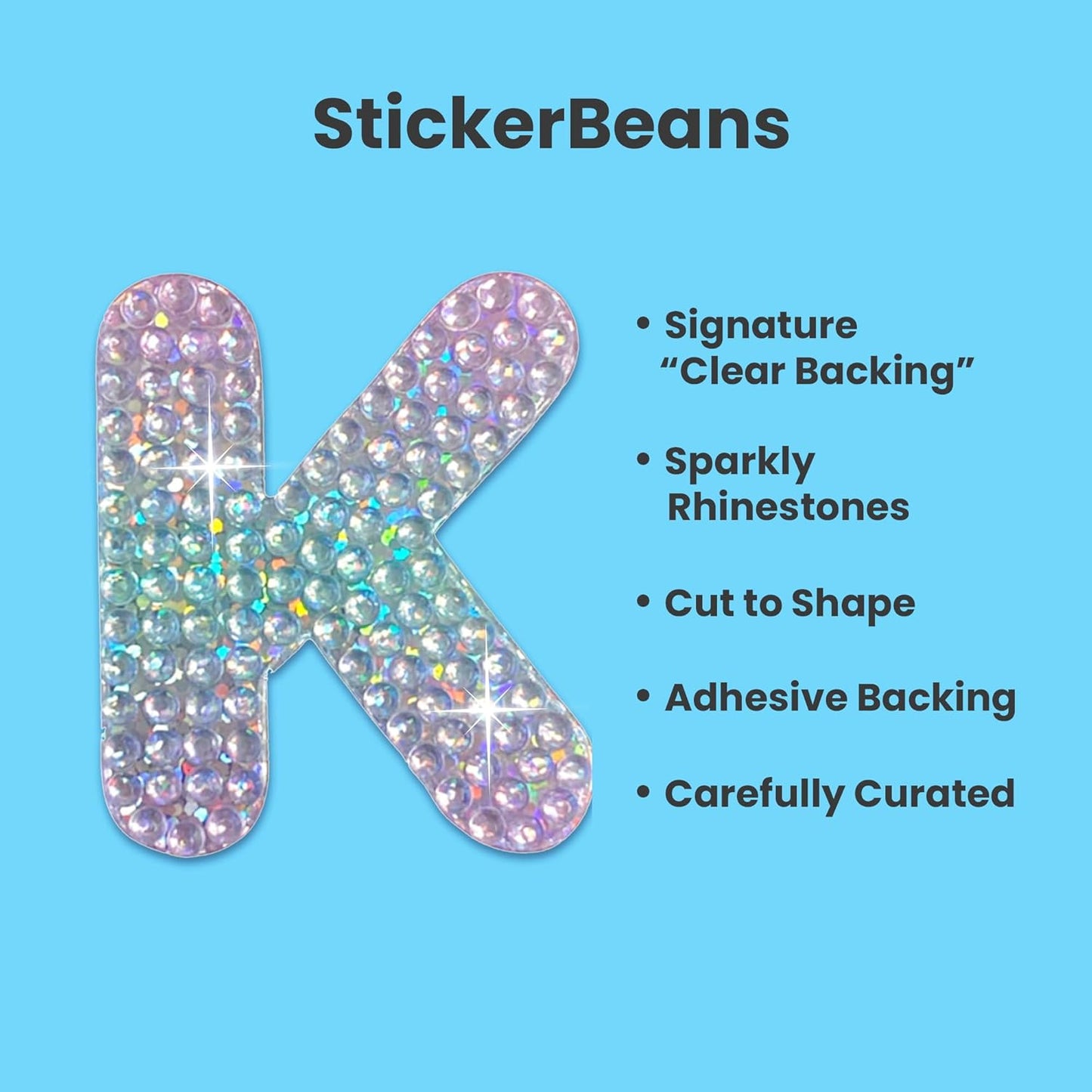 StickerBeans® Rhinestone Alphabet Letter Sticker K - Unique Sparkly Design 2” x 2” Cut-to-Shape Adhesive - Personalization, Collecting, Gifting, Scrapbooking, Decorating Laptops, Phone Cases, All Ages
