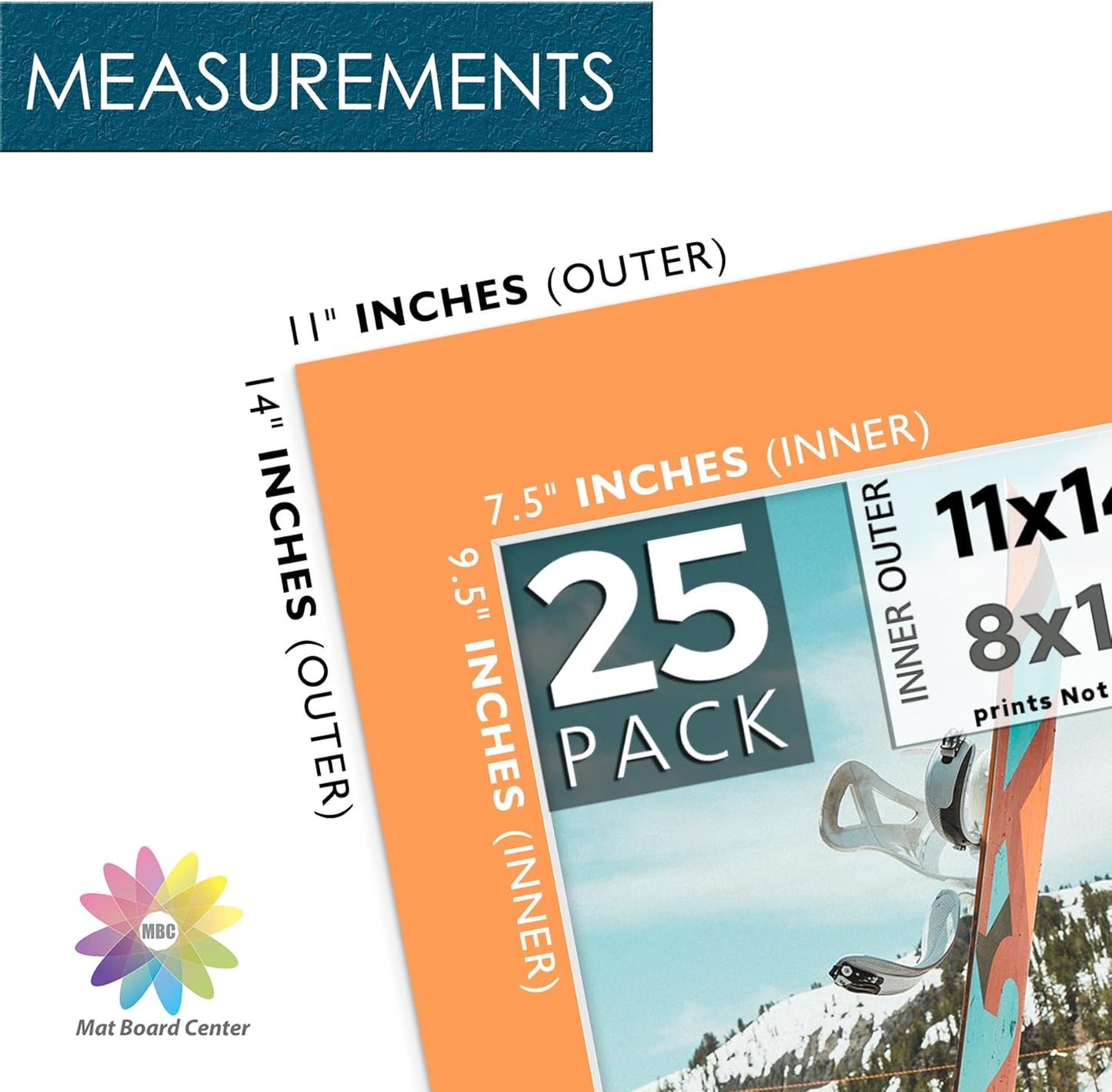 Mat Board Center, Pack of 25, 11x14 for 8x10 Mix Color Picture Mat Sets - Acid Free, 4-ply Thickness, Bevel Pre-Cut White Core - Includes Backing Boards and Clear Bags - for Pictures, Photos, Framing