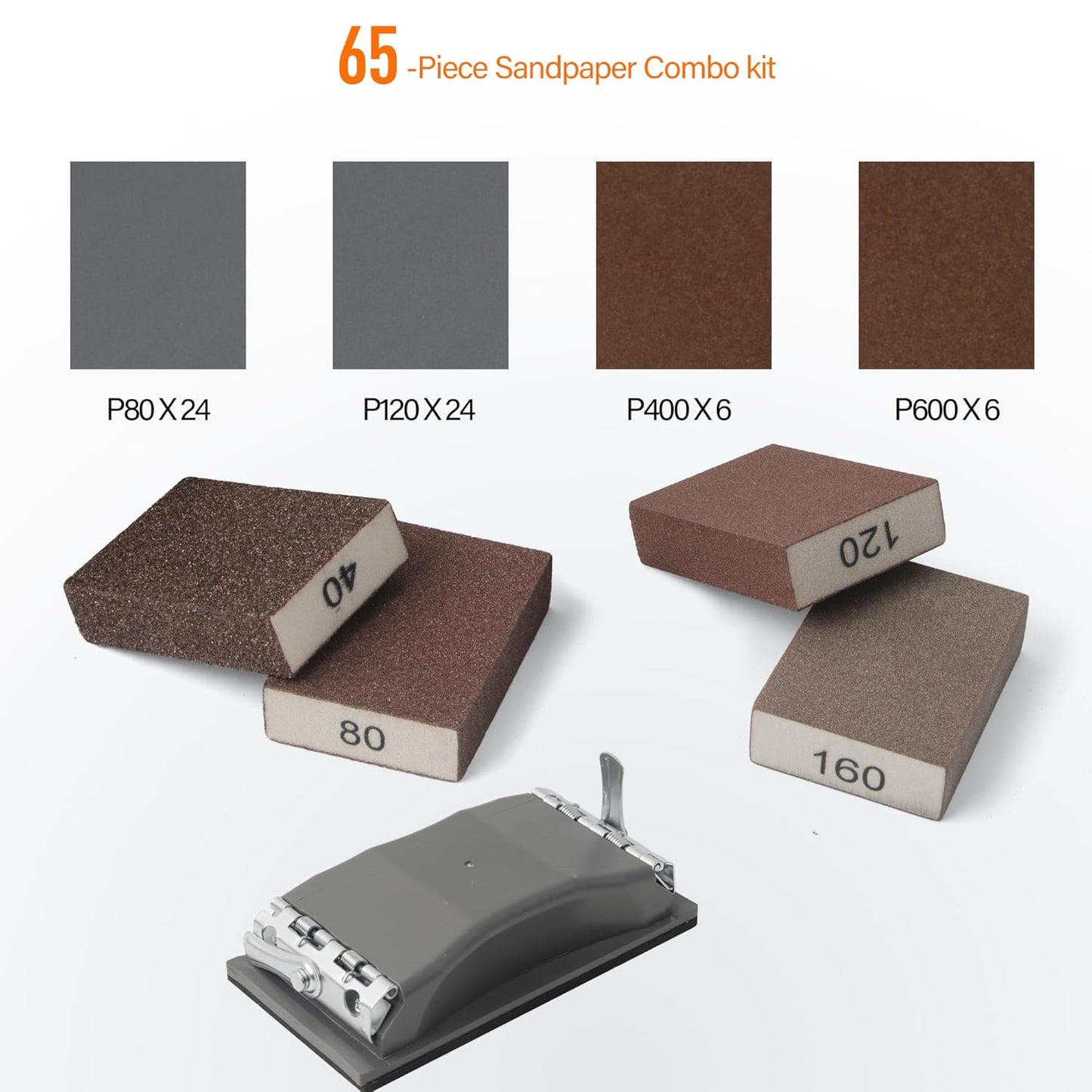 KENDO 65PCS Sand Paper Variety Pack Sandpaper 6 Grits Assorted for Wood Furniture Finishing, Metal Sanding and Automotive Polishing, Wet Dry Sandpaper 40/80/120/160/400/600 Grit