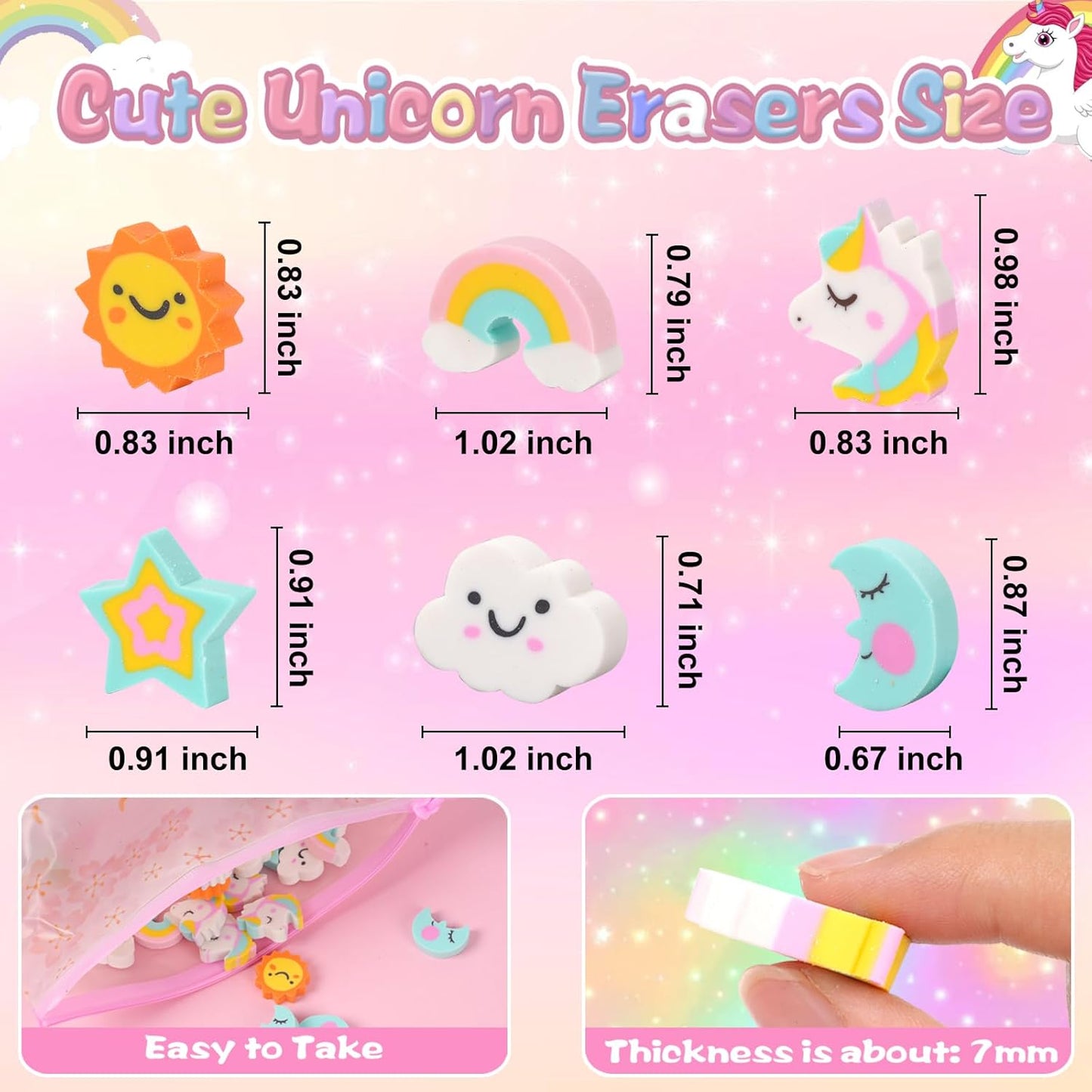 Wolpoark Christmas Unicorn Erasers for Kids 48pcs Bulk Rainbow Moon Star Cute Novelty Pencil Erasers for Thanksgiving Girls Student Ofiice Back to School Supplies Classroom Prizes Party Favors