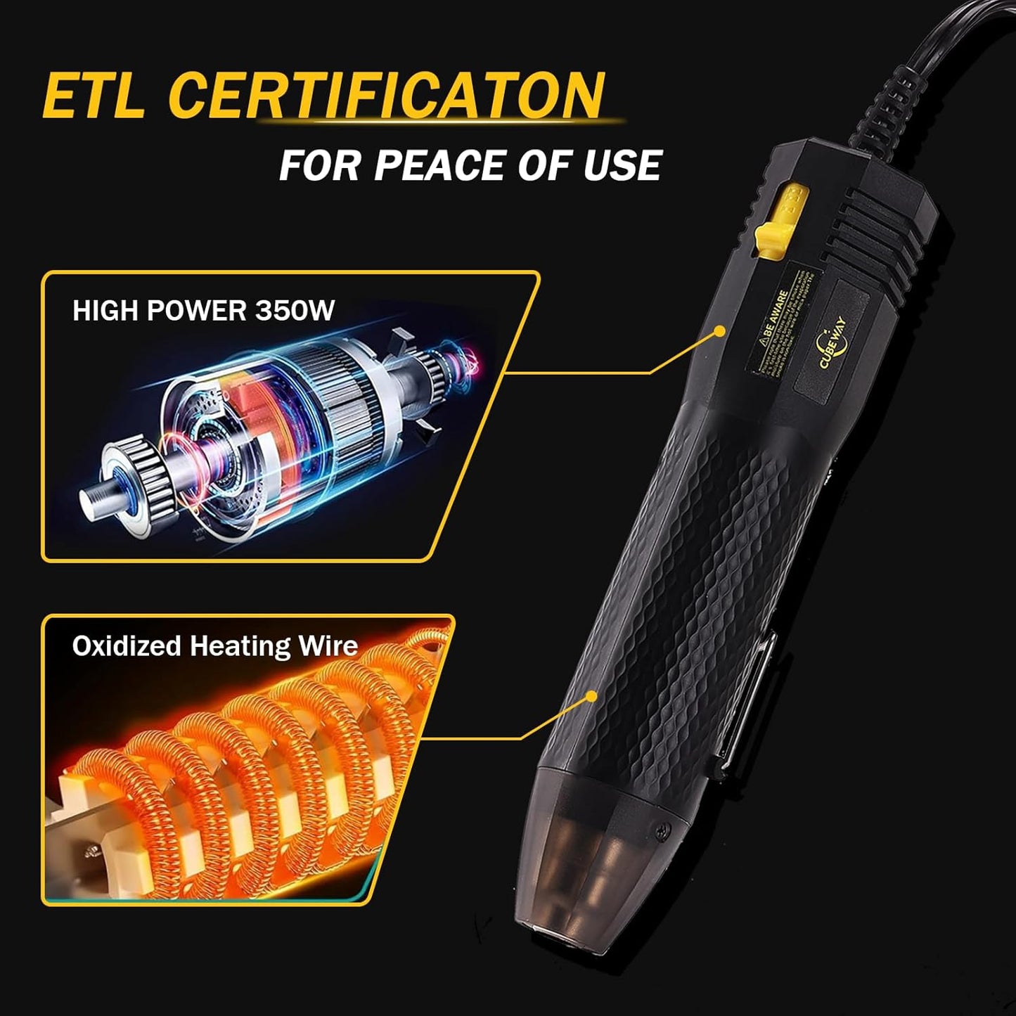 Mini Heat Gun with 6.56FT Long Cable, CUBEWAY 350W Dual-Temp 392~662°F Heat Shrink Gun with Reflector Nozzle and Shrinking Tubes for Wire Connectors, Small Hot Air Gun for Embossing Crafts