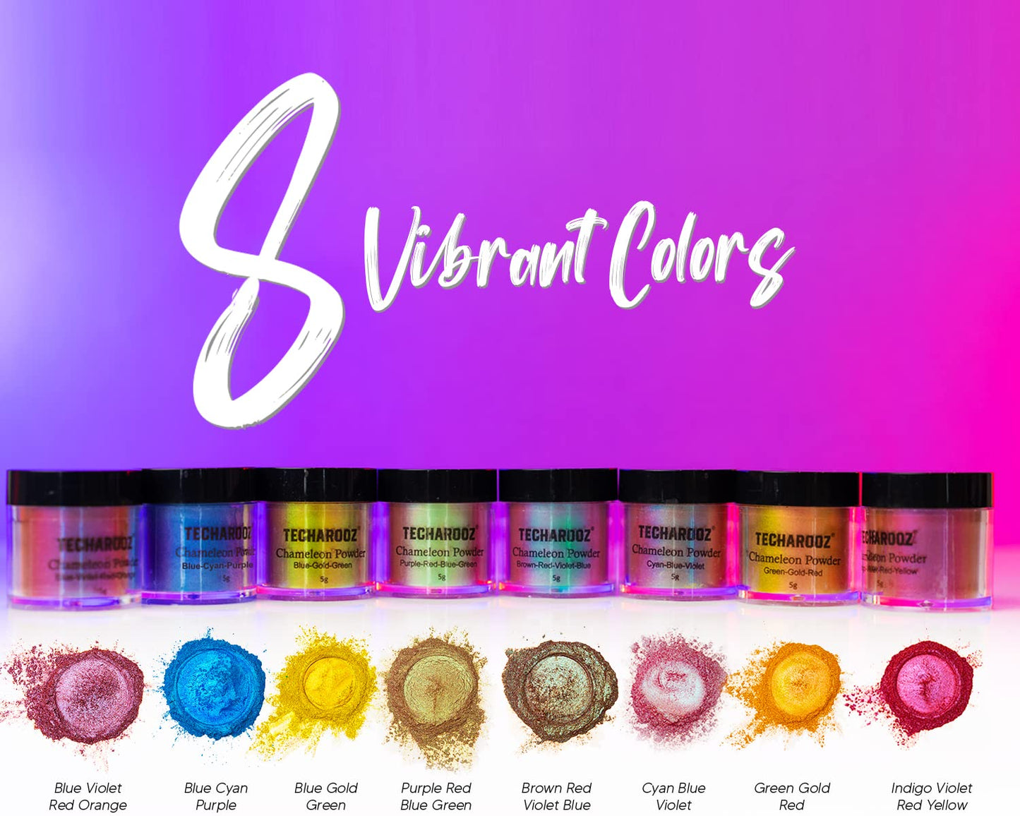 TECHAROOZ Chameleon Mica Powder 8 Color Shift Mica Powder, Holographic Glitter for UV & Epoxy Resin Supplies, Eyeshadow, Acrylic Paint, Nail Decor, Slime, Soap Making, Candles, Bath Bombs, Cosmetics