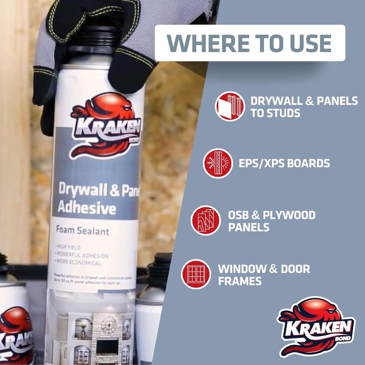 KRAKEN BOND Drywall & Panel Adhesive Foam - (12x24oz) Heavy-Duty, Fast-Curing Construction Adhesive for Concrete, Wood, and Heat Insulation Applications - Gun&Gun Cleaner Set