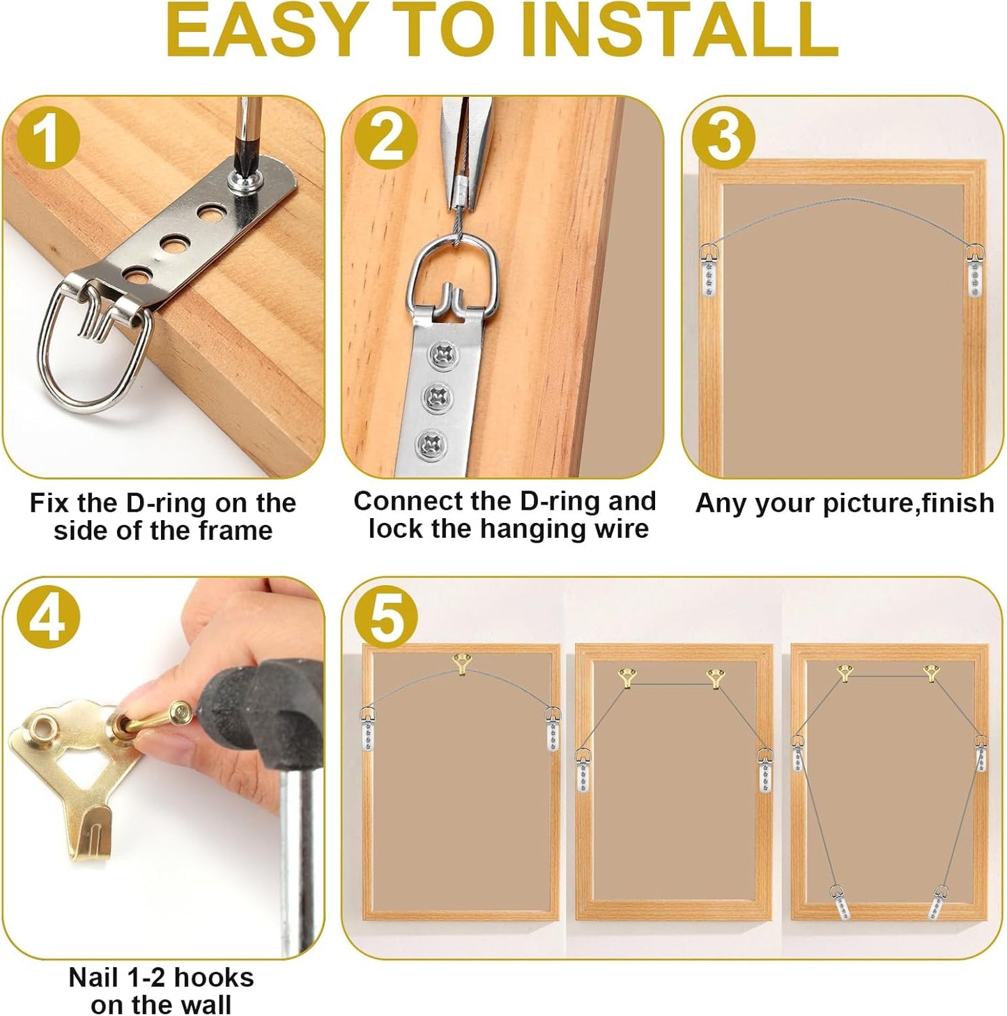 88Pcs Heavy Duty Picture Hanging Wire Kit, Include 50Ft Stainless Steel Wire Picture Hanging for Photo Mirror Frame, up to 110lbs, D Ring, Picture Hangers, Screws, Hanging Hooks, Nails, Level