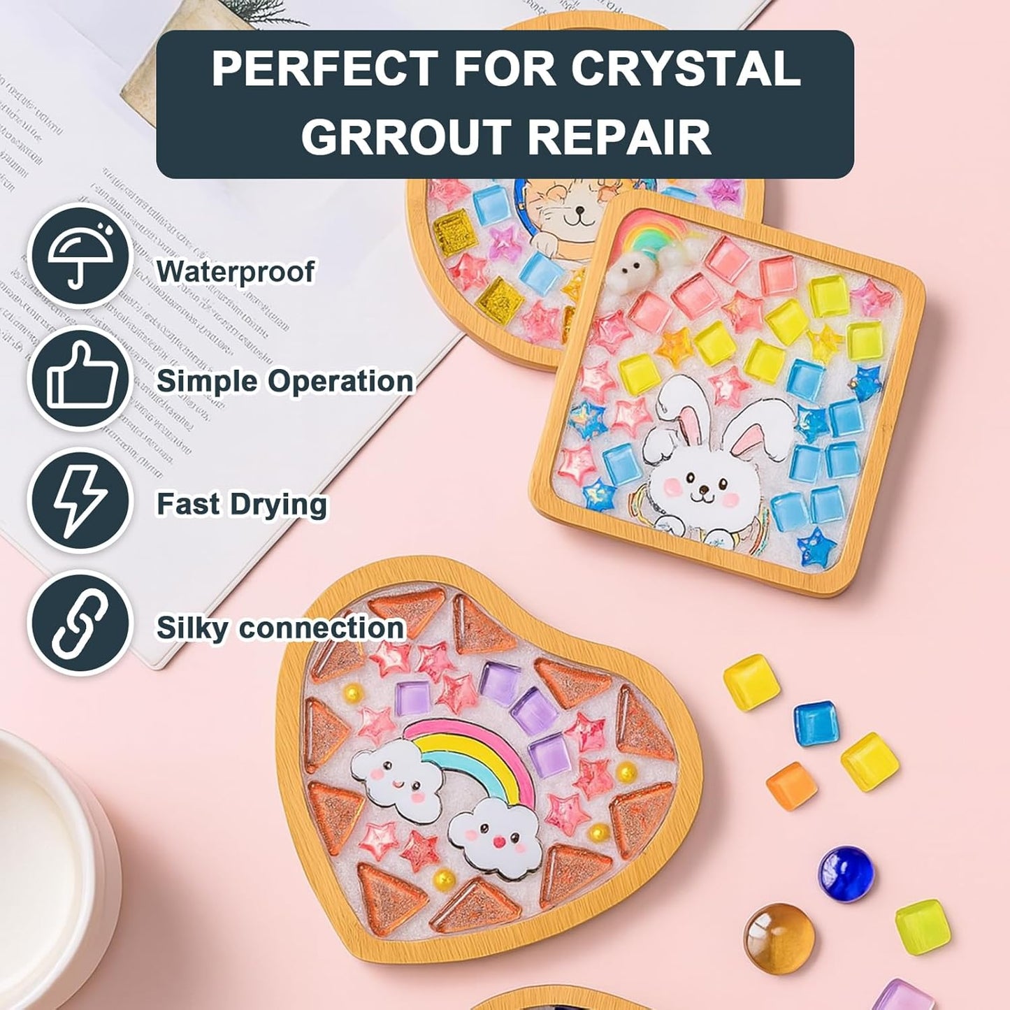 Professional Mosaic Grout for Crafts White - Quick-Dry Crystal Tile Grout with Contrast Color Technology, DIY Art Supplies for Mosaic Glass Decor, Handmade Gifts & Home Improvement Projects