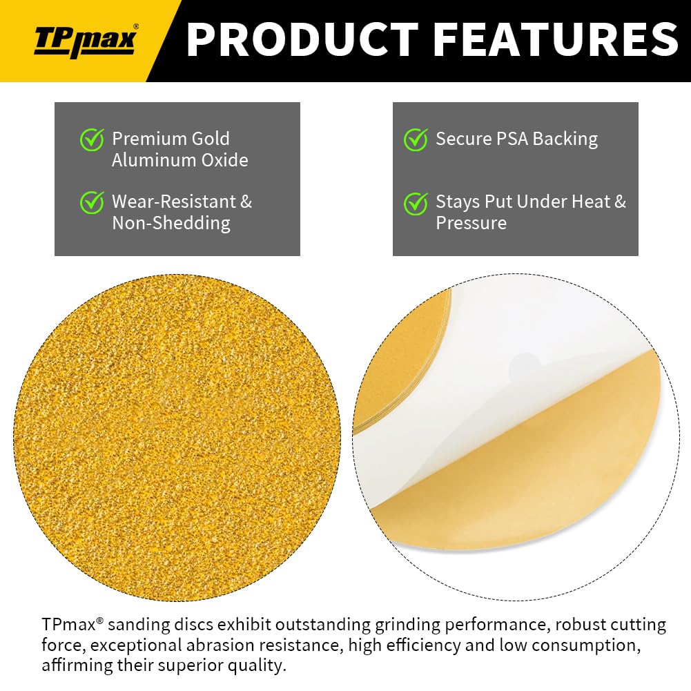 6-Inch 150-Grit Gold PSA Sanding Discs, 50 Pack – Pro-Grade Self-Adhesive Stickyback Sandpaper with Quick-Release Tabs for DA Sander, Medium-Fine Automotive/Wood/Metal Sanding