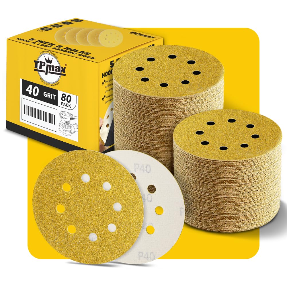 80PCS 5 Inch 40 Grit 125mm 8 Hole Sanding Discs Sandpaper - Premium Gold Round Hook and Loop for Random Orbital Sander - Ideal for Wood, Metal, Automotive