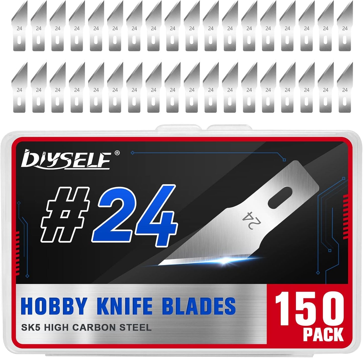 DIYSELF 150 PCS Hobby Knife Replacement Blades, #24 Sharp Exacto Knife Blades, Hobby Knife Blade Refills with Storage Case, High Carbon Steel Exacto Blades for Craft, Scrapbooking, Stencil (#24）