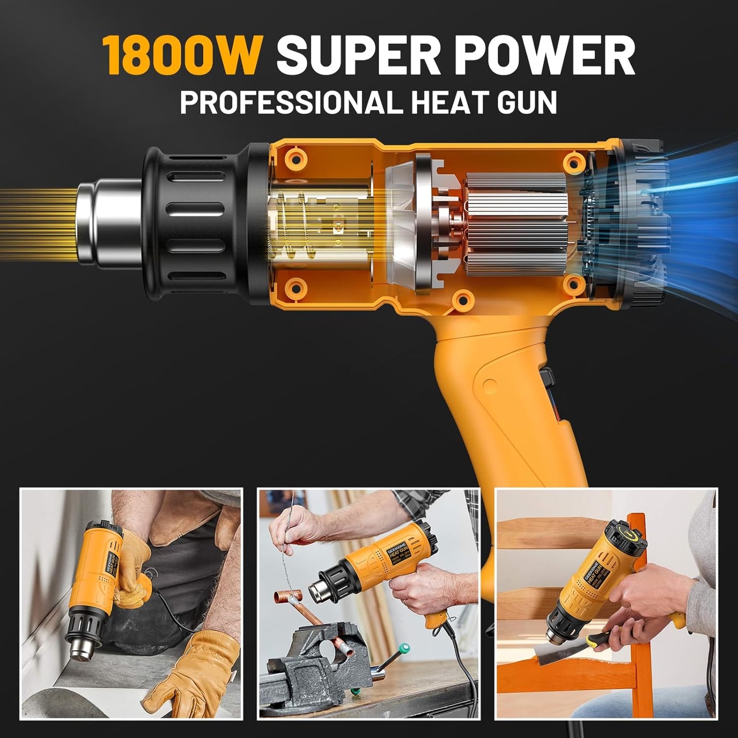 SEEKONE Heat Gun 1800W Heavy Duty Hot Air Gun Kit With Carry Case Variable Temperature Control 122℉-1112℉（50℃- 600℃） Overload Protection with 4 Nozzles for Crafts, Shrinking PVC, Stripping Paint