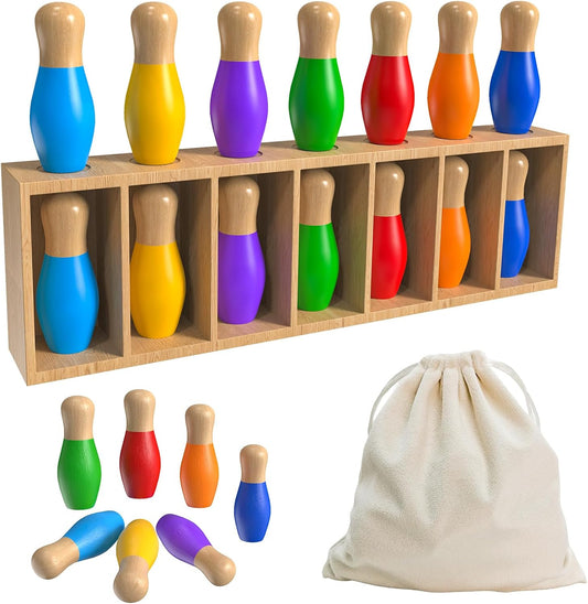 Color Matching Toy Set for Kids, Wooden Bowling Color Matching Game with 7 Bright Pins and Storage Bag, Matching Games for Kids Family Party Birthday Gift, Fun Party Game for Boys Girls