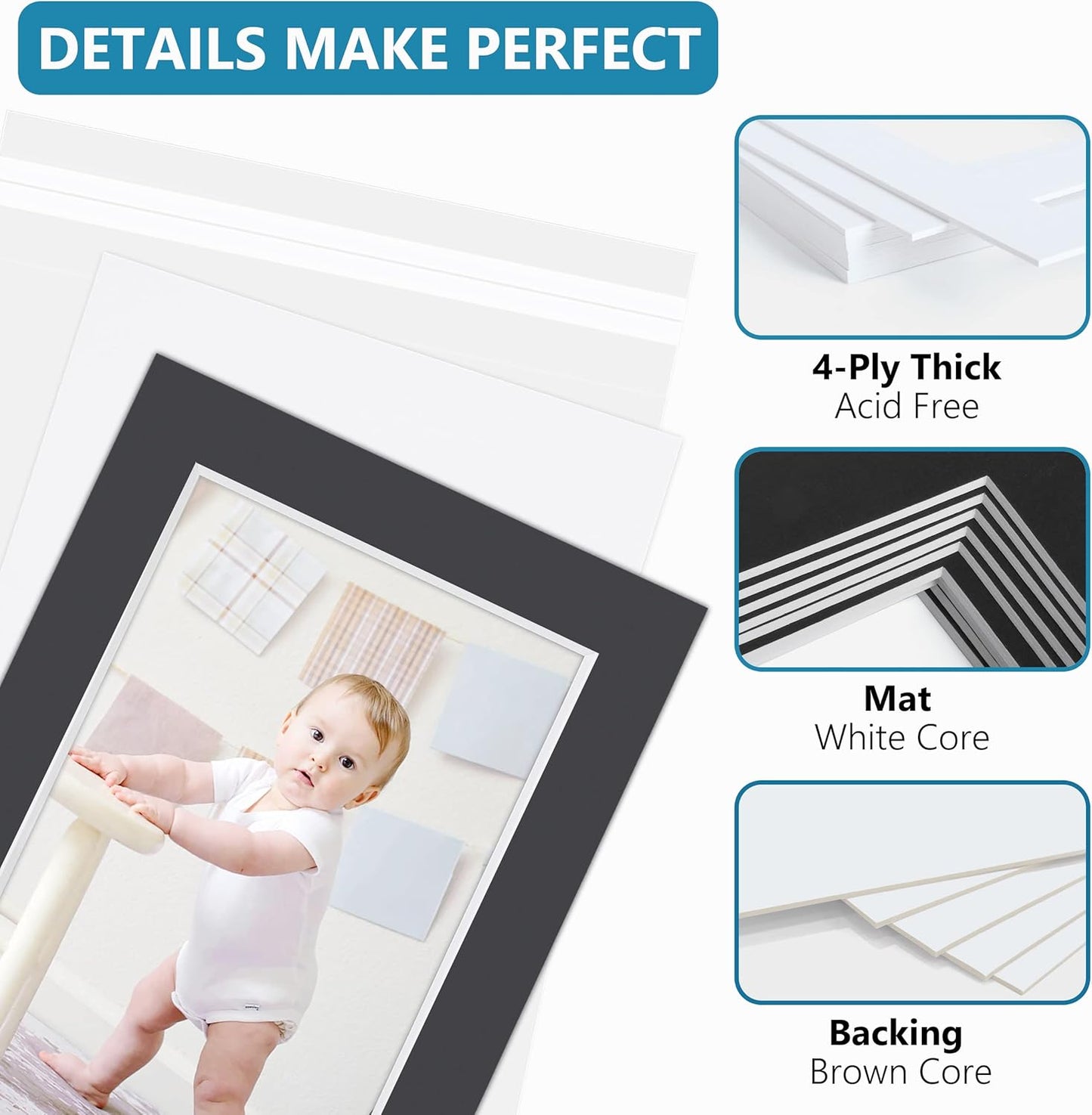 Somime 10 Pack Black Picture Frame 11x14 Mat Board,White Core Bevel Cut Mats 8.5x11, Whole Frame Mat Kit Includes 10 Picture Photo Mattes & 10 Backings & 10 Krystal Sleeve Bags