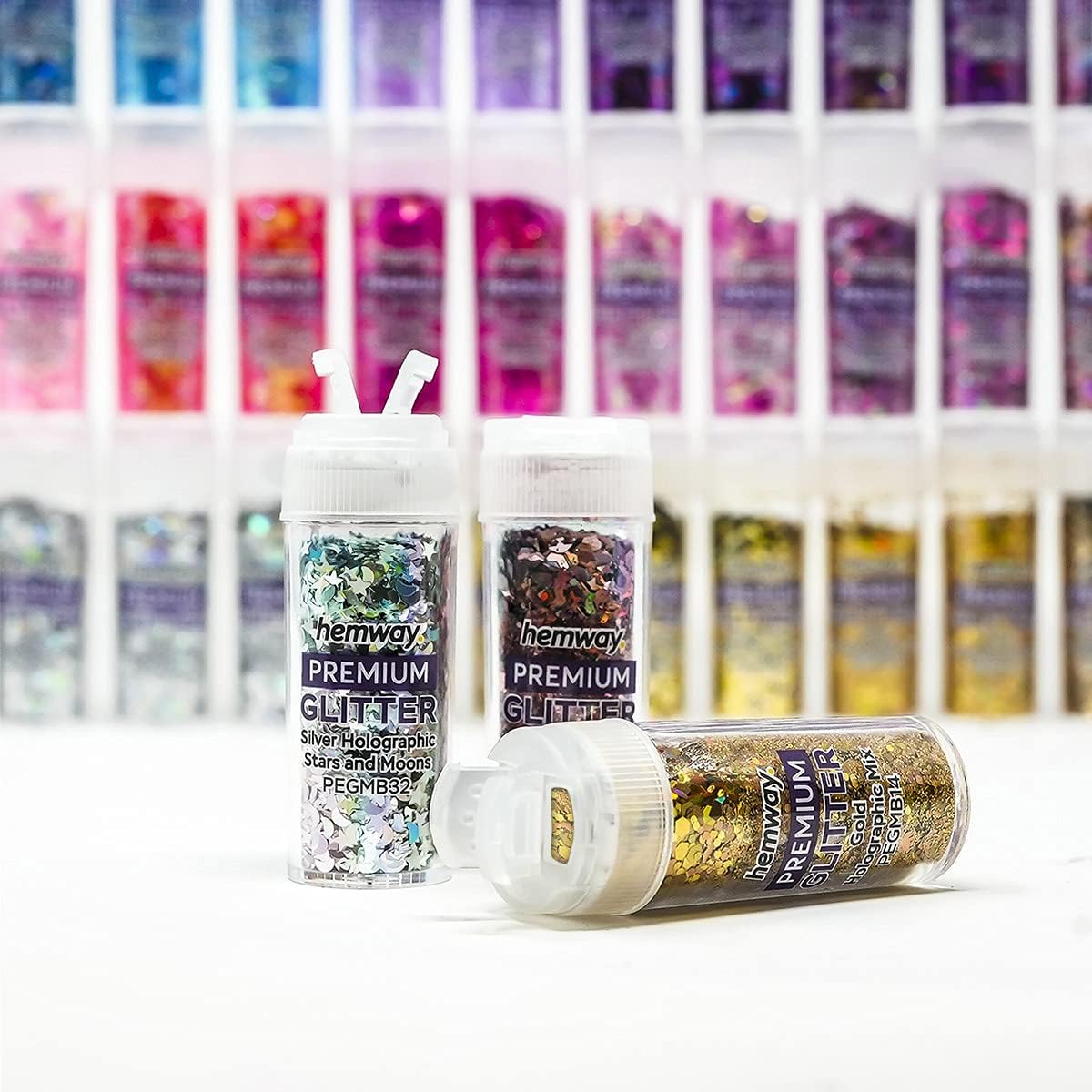 Hemway Mixed Polyurethane & Epoxy Resin Glitter Box (Pack of 54) | Metallic Flakes Shaker Set for Arts & Crafts | Assorted Colour Craft Supplies for Making Cards, Jewellery, Tumblers & Coasters
