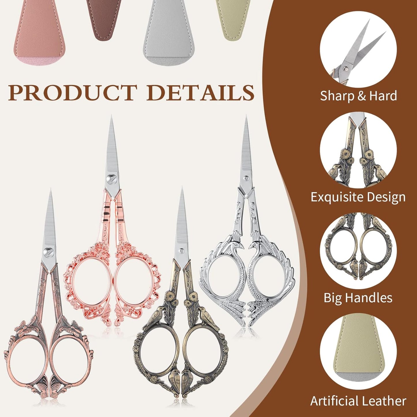 Zhehao 4 Pcs Sewing Embroidery Scissors with Artificial Leather Cover Sewing Stainless Vintage Embroidery Scissors for DIY Needlework Art Manual Handicraft (Retro)
