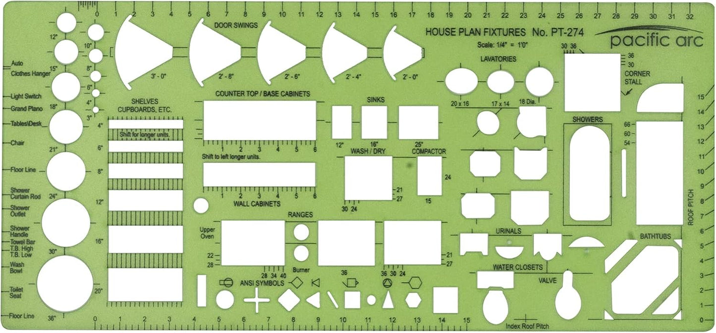 Pacific Arc, House Plan Fixtures Template, 1/4 in, Drawing aid Stencil for Professional or School Work, Size 4.5 x 9.625 in.