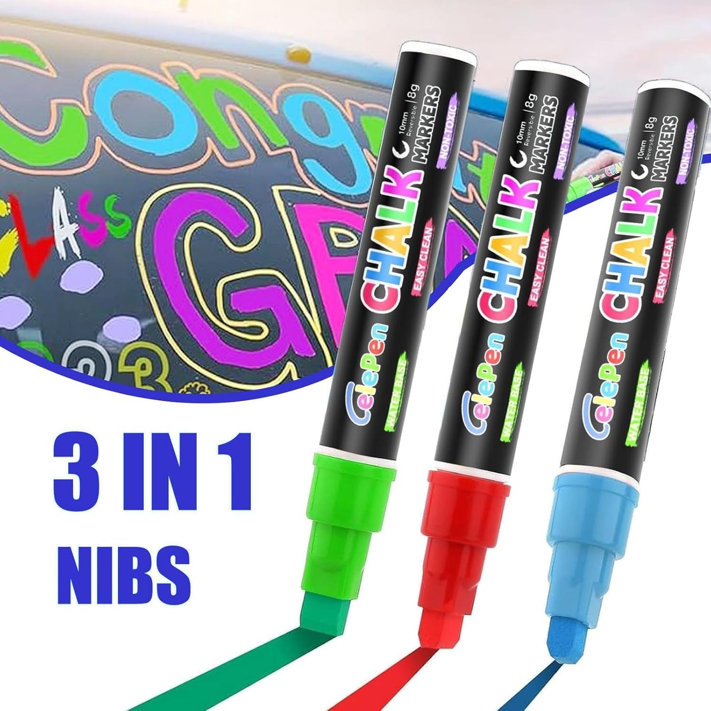 Window Chalk Markers for Cars Glass Washable, 16 Colors Jumbo Liquid Chalk Marker Pens with 10mm 3 in 1 Nib Wide Tips, Big Chalkboard Markers Car Window Paint Pens for Auto, Bistro, Mirror, Poster