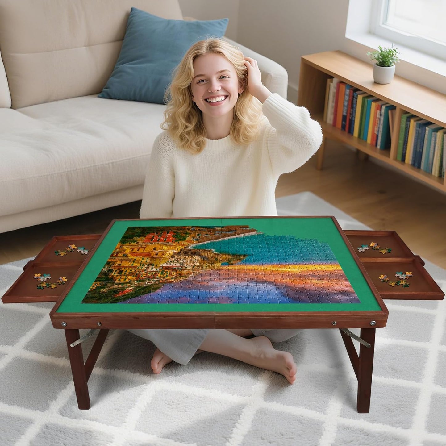 1000 Piece Puzzle Table with Legs, 29.7" x 22.2" Wooden Jigsaw Puzzle Board with Drawers, Cover & Felt, Portable Puzzle Table with Folding Legs for Adults and Teens, Christmas Birthday Gift