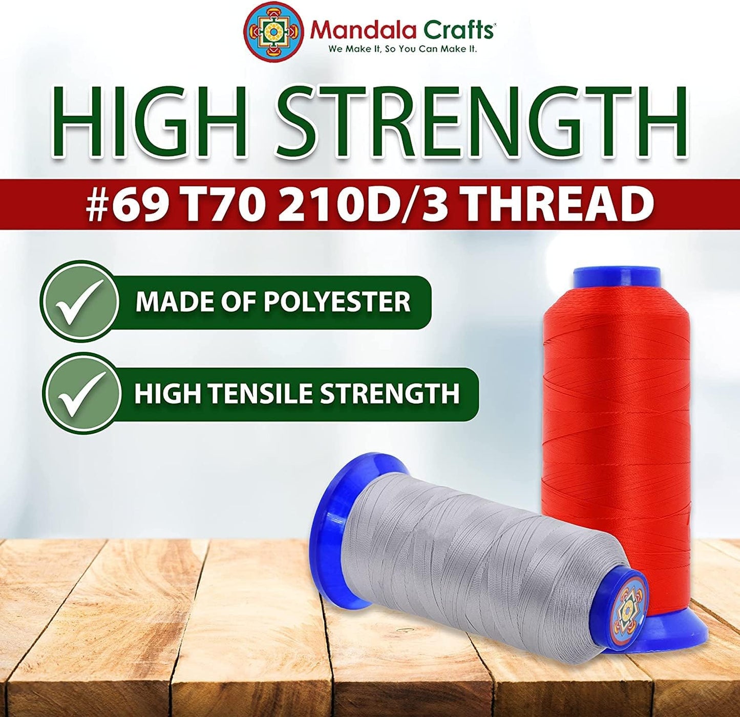 Mandala Crafts Brown Heavy Duty Thread -1500 Yds Tex 70 Thread for Sewing Drapery Jeans Leather Hair - Bonded Polyester Thread Outdoor Marine Upholstery Threads