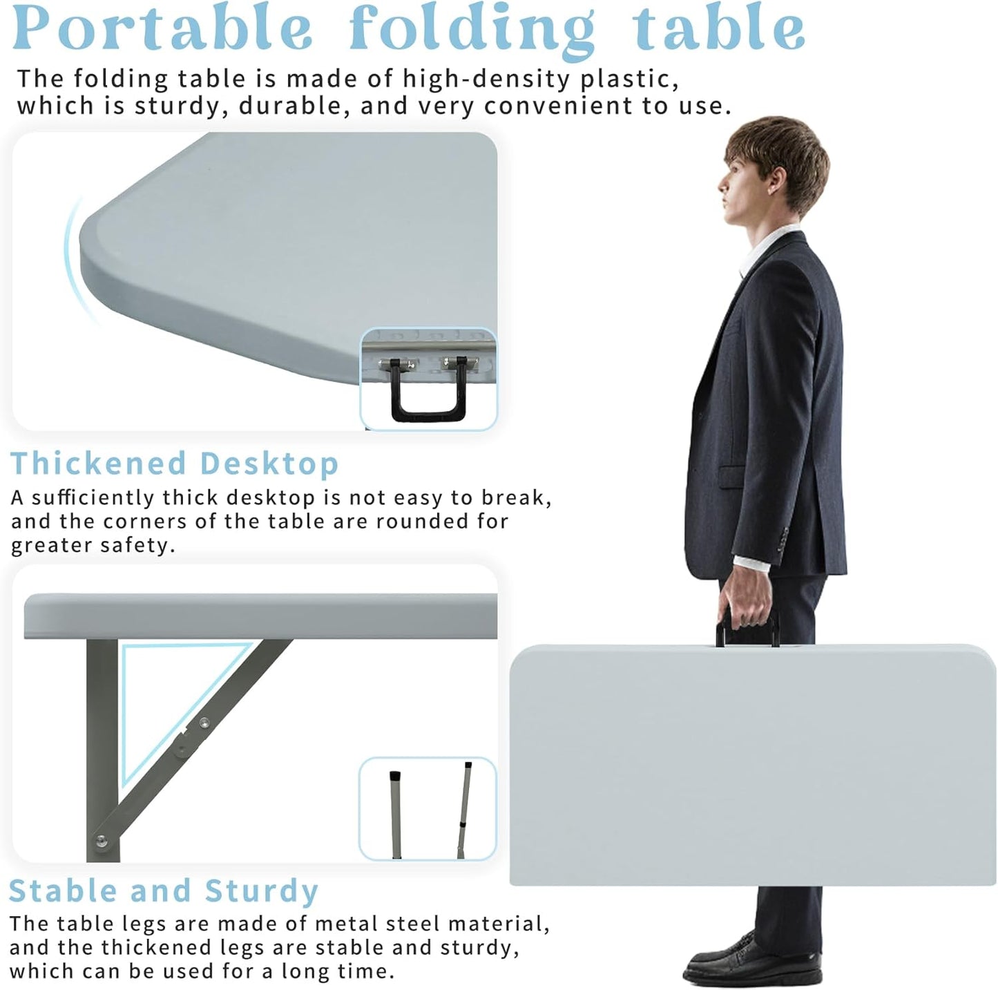 Set of 2 Square Folding Table 34in Multi-Functional Portable Folding Card Table with Carrying Handle for Indoor Outdoor Camping,Picnic, Office, Party Use HDPE Plastic Tabletop with Metal Frame(Grey)