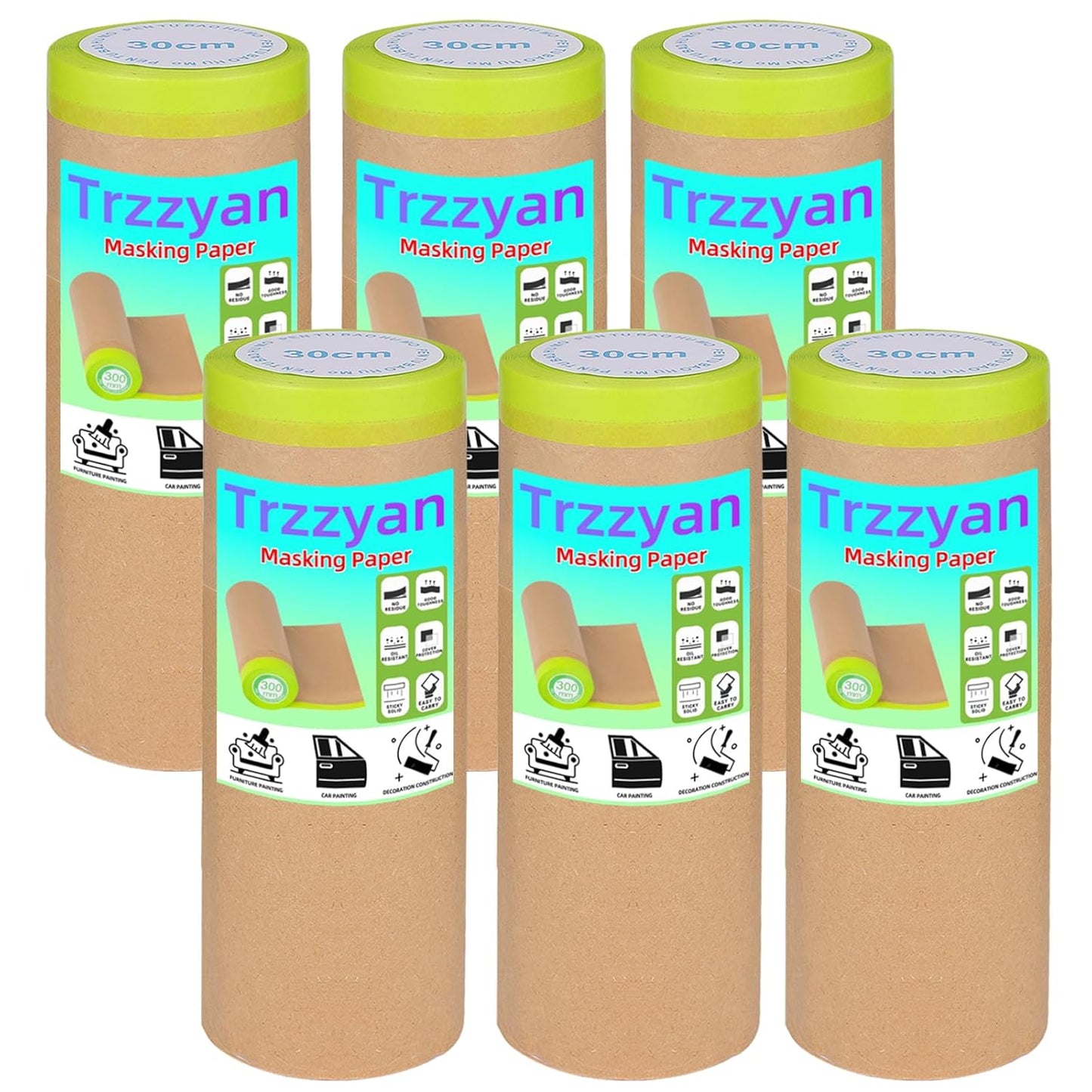 12Inchx50Feet Pre-Taped Masking Paper Roll - Heavy Painters Paper with Adhesive, Tear-Resistant for Auto Body, Wall Painting, Floor Protection, Furniture&DIY Projects(6 Roll) (6, 12inch*50feet)