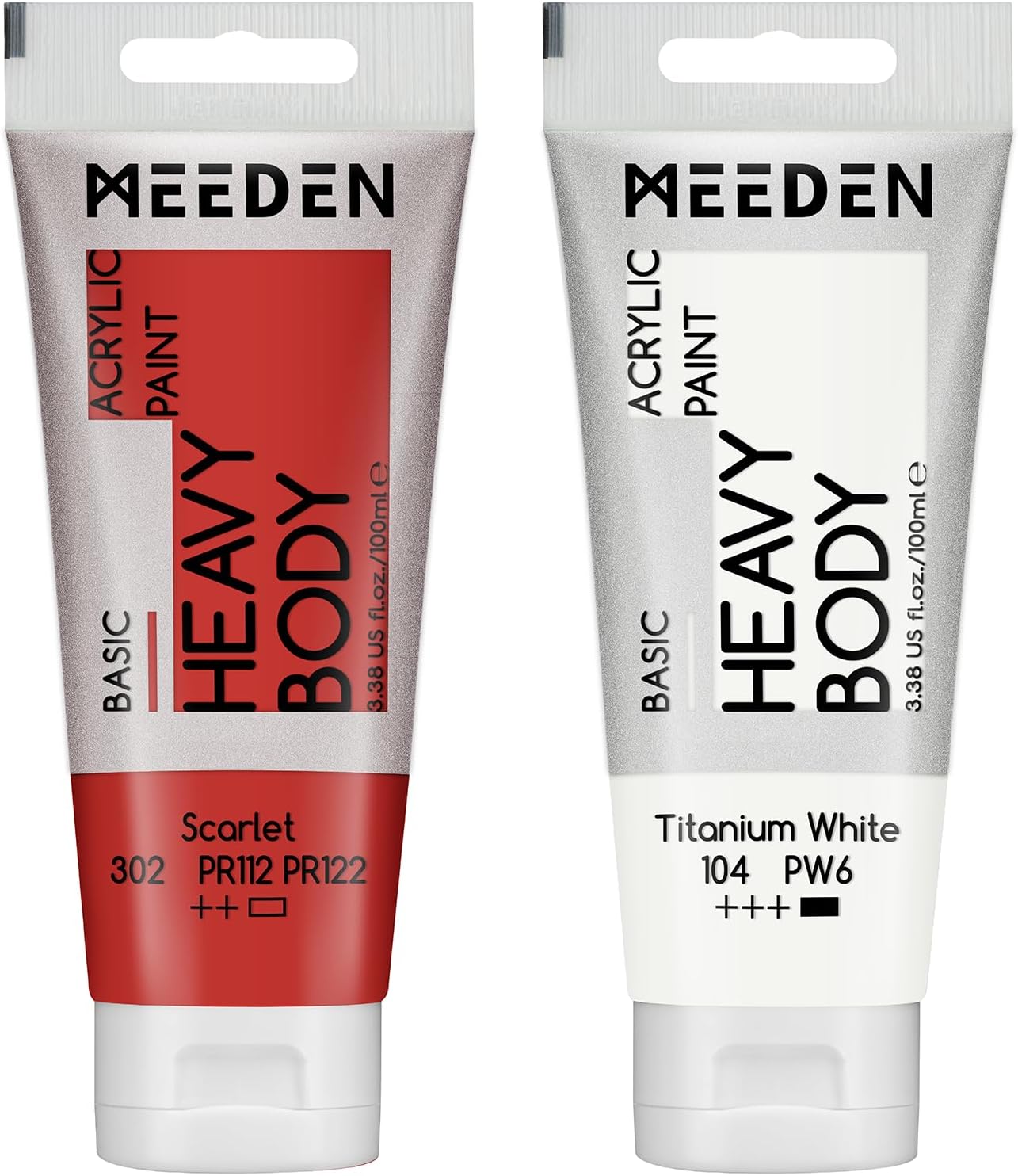 MEEDEN Acrylic Paint Scarlet Red: Bundled with Titanium White Color - 100ml/3.38oz x 2 Bulk Heavy Body Acrylic Paint Tubes for Art Craft Painting