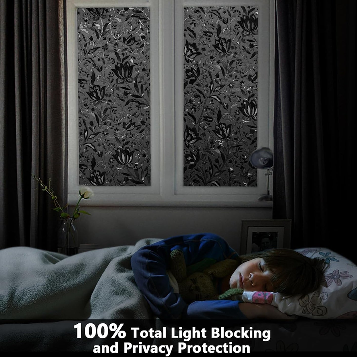 LEMON CLOUD Total Blackout Window Film Privacy Static Cling Frosted Black Window Covering 100% Opaque Film Tint Darkening Removable Film for High Privacy，(Blackout Tulip Design,29.5 x157.4 inches)