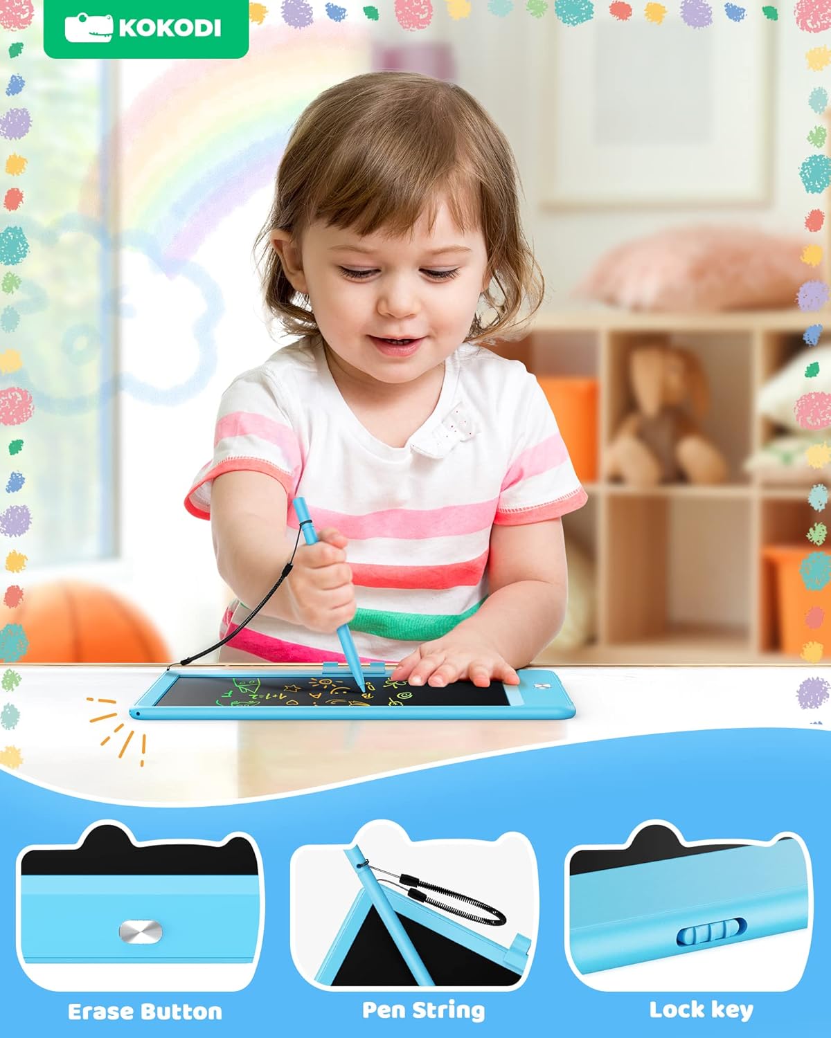 KOKODI LCD Writing Tablet, Gifts for 3 Years Old Boys and Girls，10 Inch Colorful Doodle Board Drawing Tablet, Erasable Reusable Electronic Drawing Pads, Educational and Learning Toys for Kids